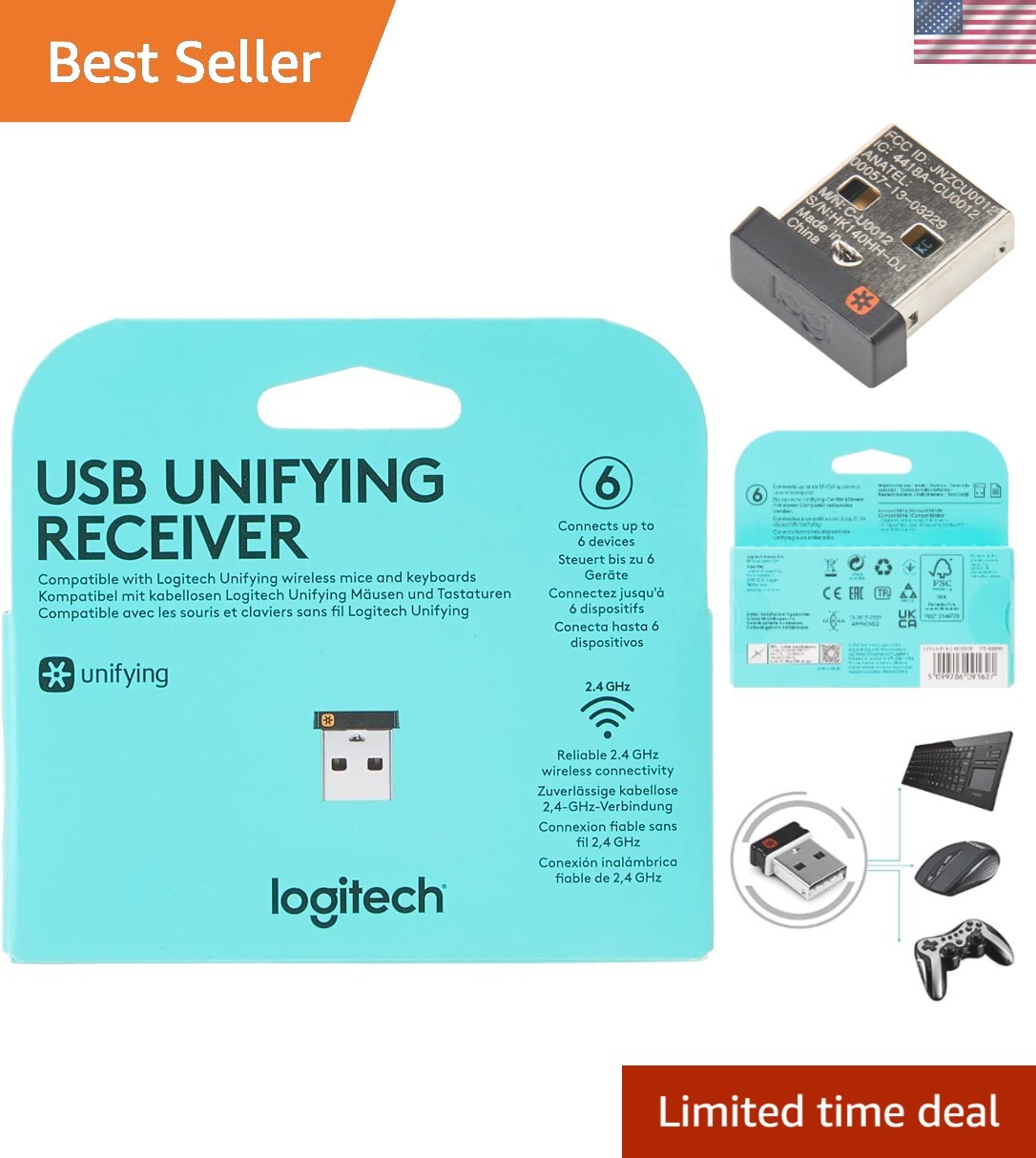 Enhanced Unifying USB Receiver for Multi-Device Mouse Use - USB Plug-and-Play