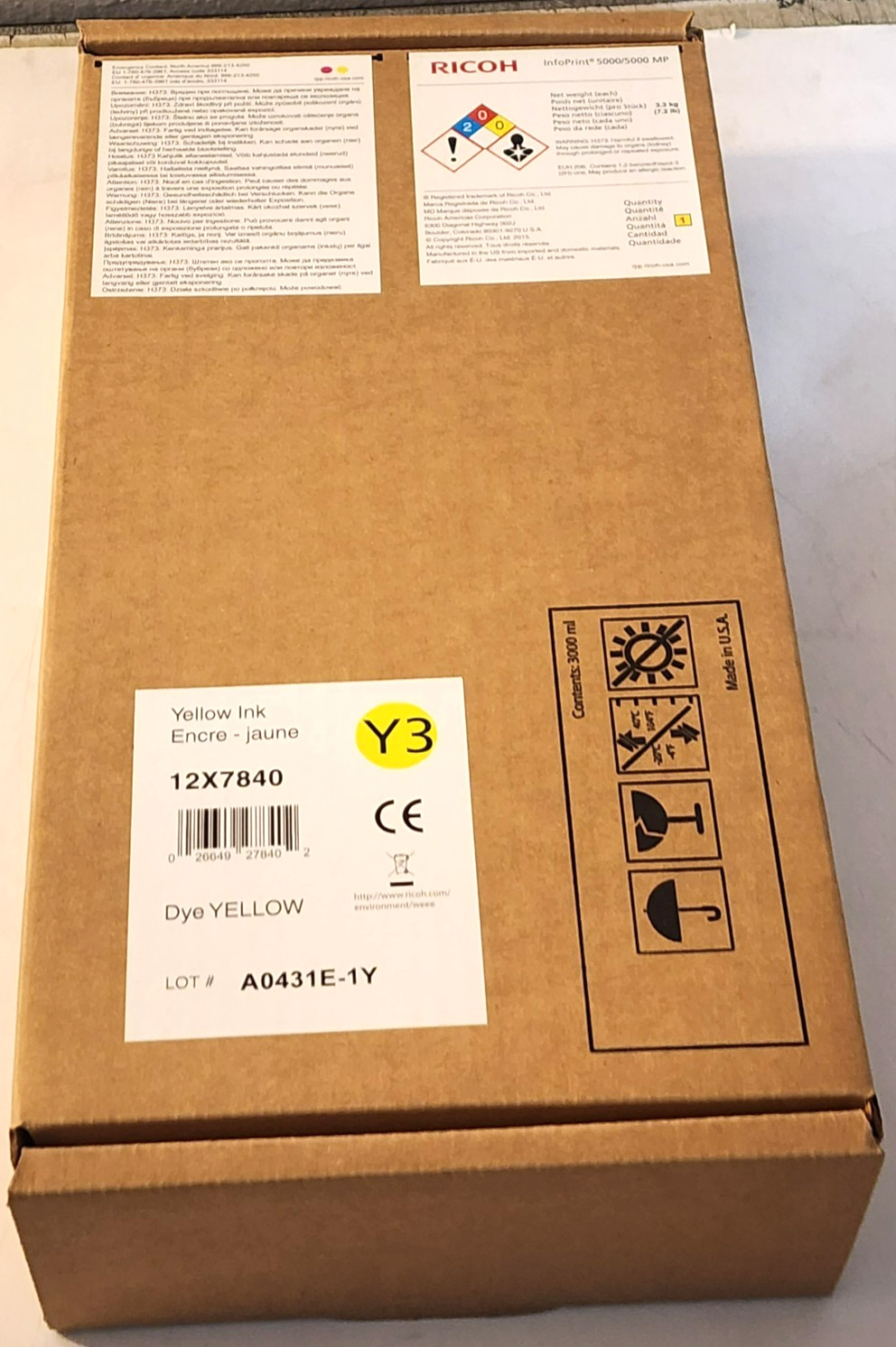 Ricoh 12X7840 Dye Yellow Ink Y3 3 Liter InfoPrint 5000 Genuine New Sealed 6/2020