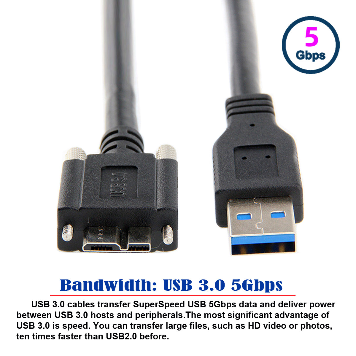 NFHK 5Gbps USB 3.0 to Micro USB 3.0 B Male with Mount Panel Screws for Camera