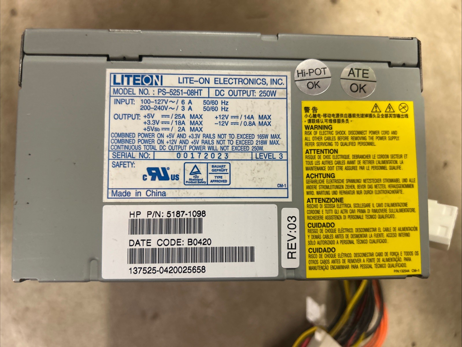 Liteon PS-5251-08HT  250W ATX POWER SUPPLY - HP 5187-1098 TESTED