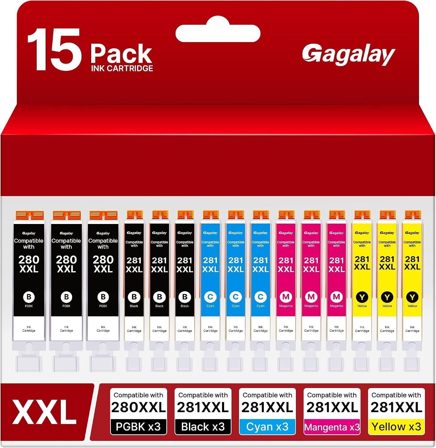 15 Pack 280XXL 281XXL Ink Cartridges Replacement for Canon 280 281 (3 full sets)