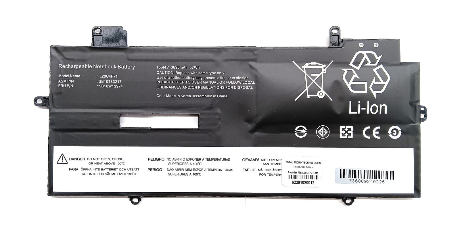 Total Micro 4-cell Battery - 57 Watt-hours, 3690 mAh - 15.44 Volts L20C4P71-TM