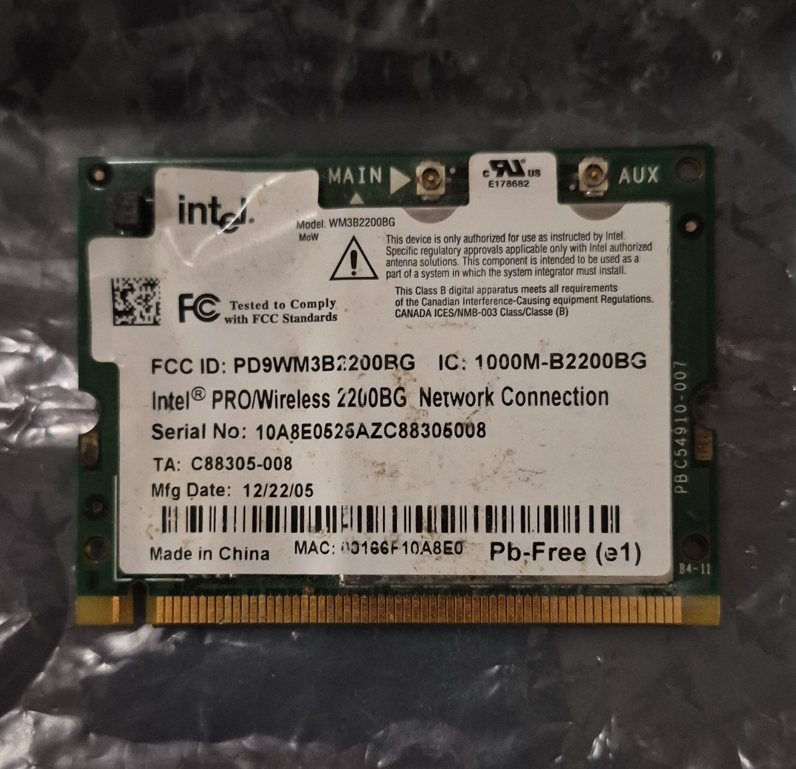 Intel PRO/Wireless 2200BG Mini PCI Wireless Card 54Mbps D10709-003