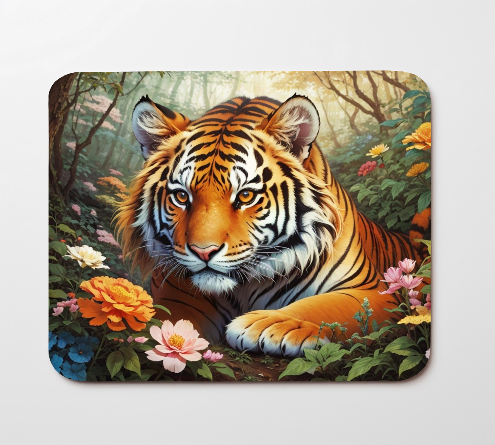 Tiger in Jungle And Flowers Nature Mouse Pad 9.5\
