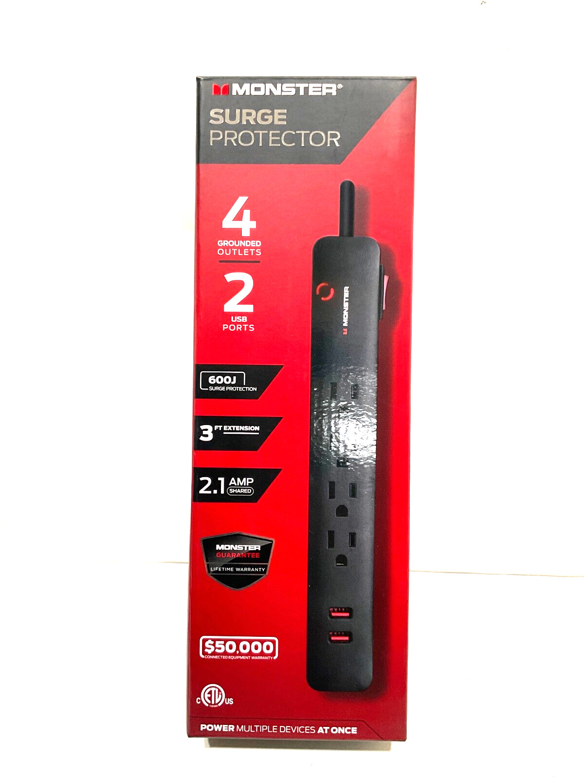 MONSTER SURGE PROTECTOR 4 GROUNDED OUTLET and 2 USB ports 600  J 3 FT EXT cord