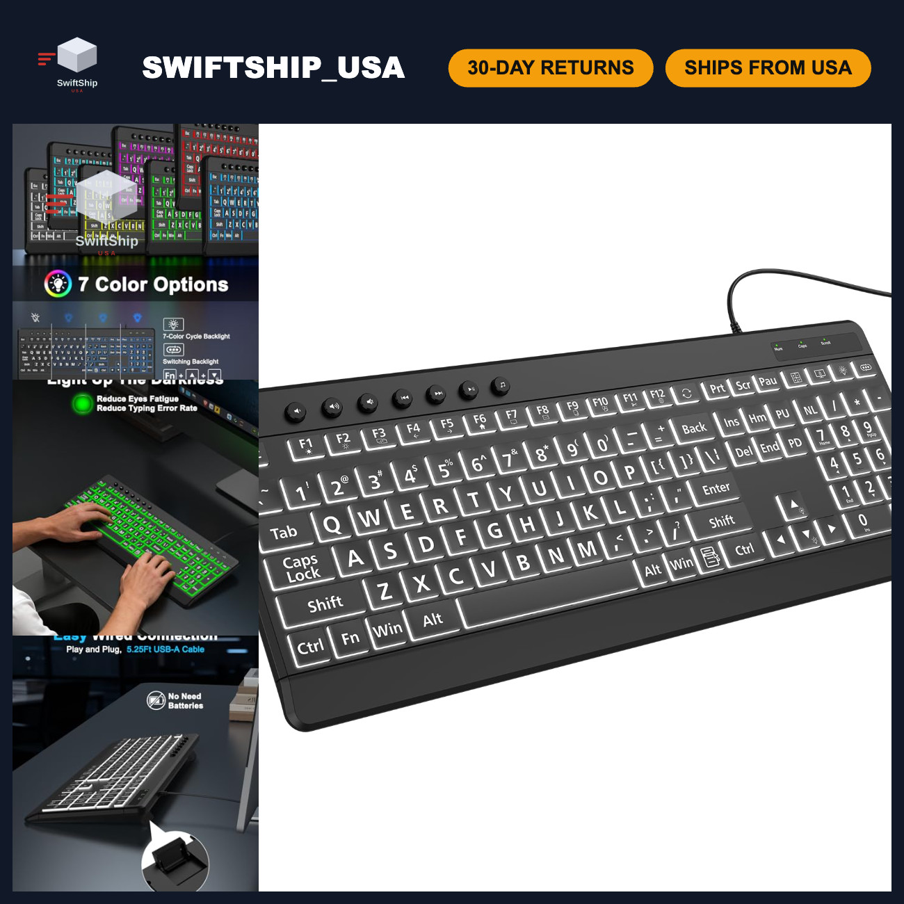 Large Print Backlit Wired Keyboard - 7 Color LED Lighting, Easy Typing, Ergonomi
