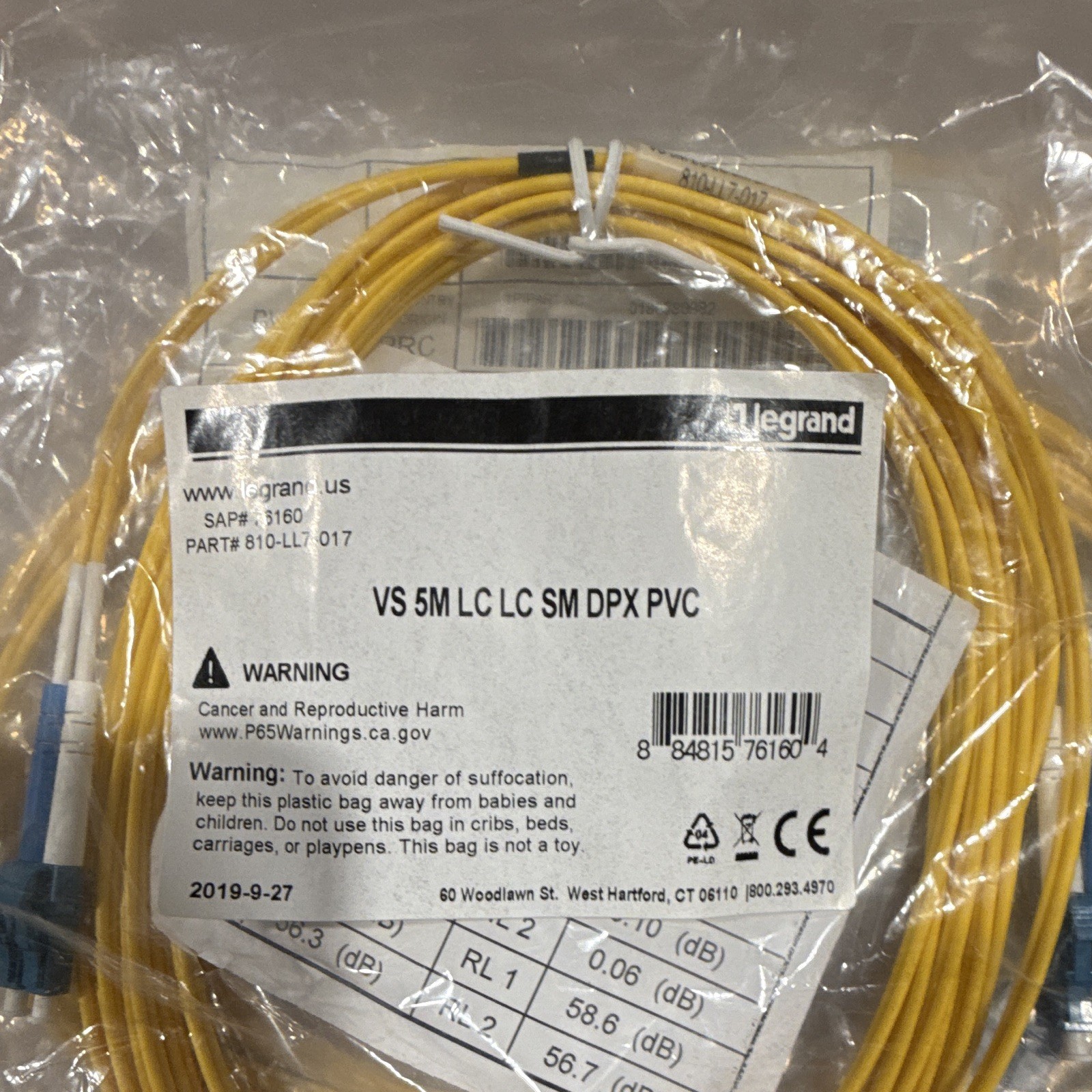 Legrand VS 810-LL7-017 5m LC-LC Duplex Single-Mode Fiber Cable Yellow