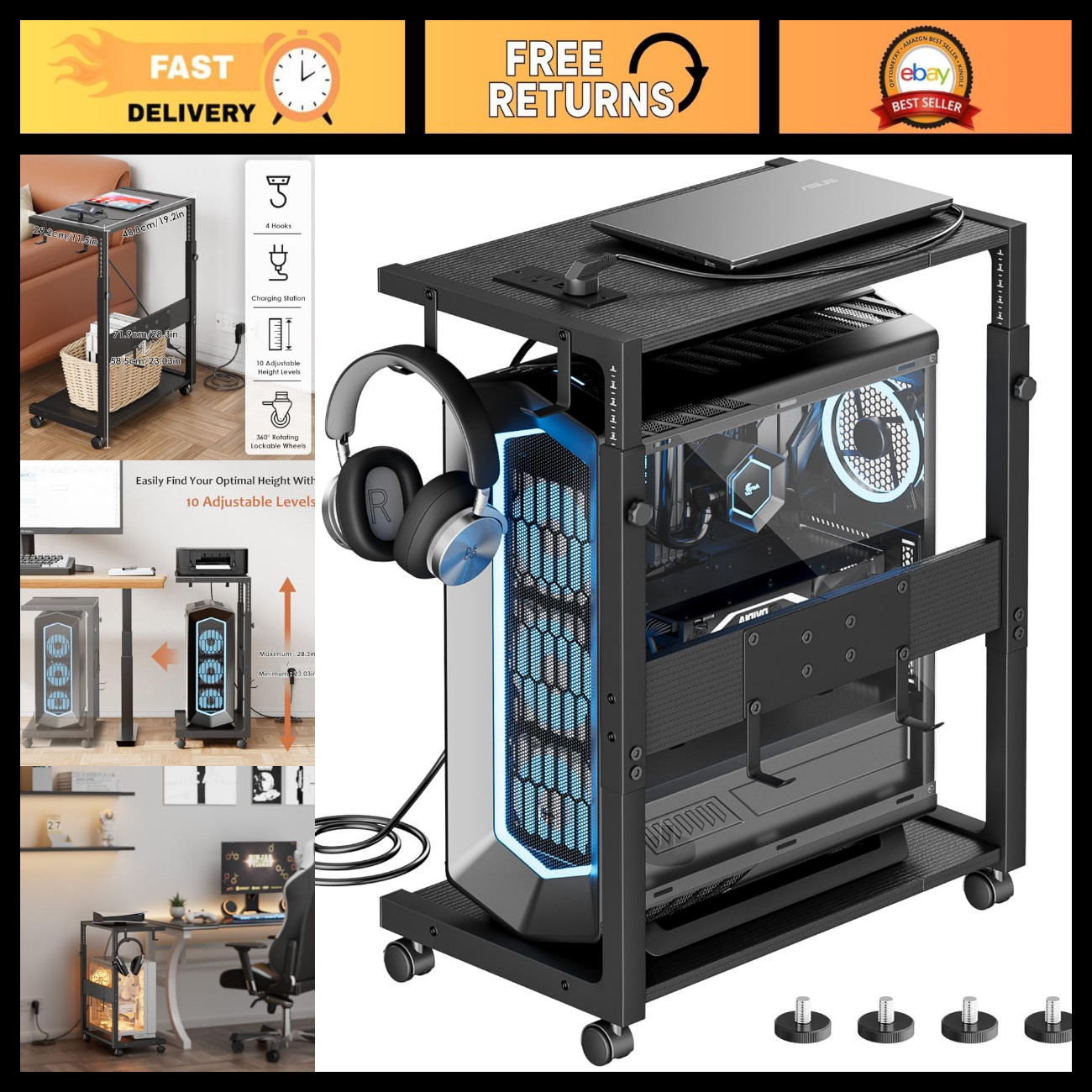 Height Adjustable Computer Tower Stand - 23.03" to 28.3" - Space-Saving Design