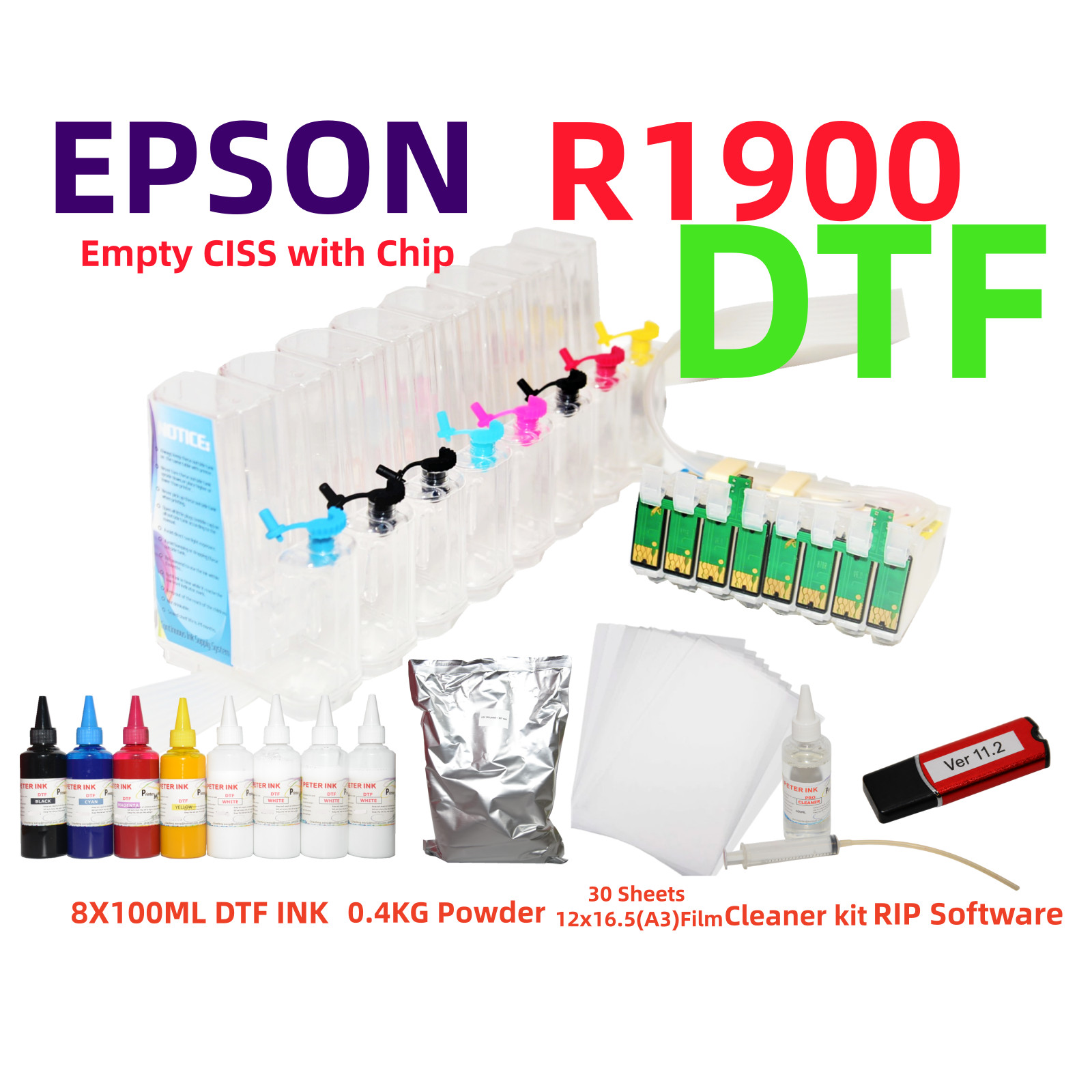 DTF Printing Kit for Stylus R1900: CISS, Ink, Film, Powder, RIP
