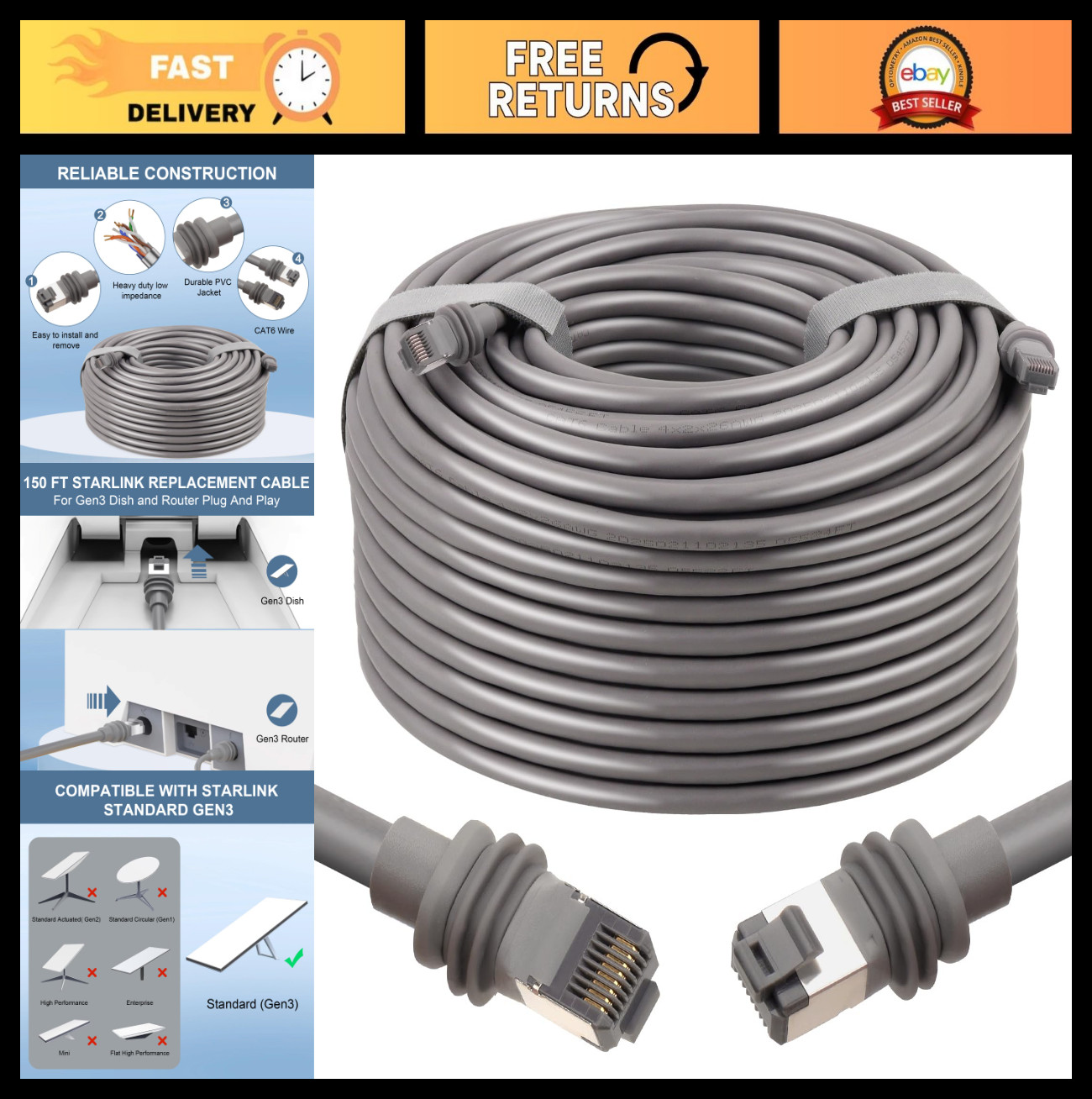 150FT Cat 6 Starlink Gen 3 Cable - Waterproof, Pure Copper, Satellite Replacemen