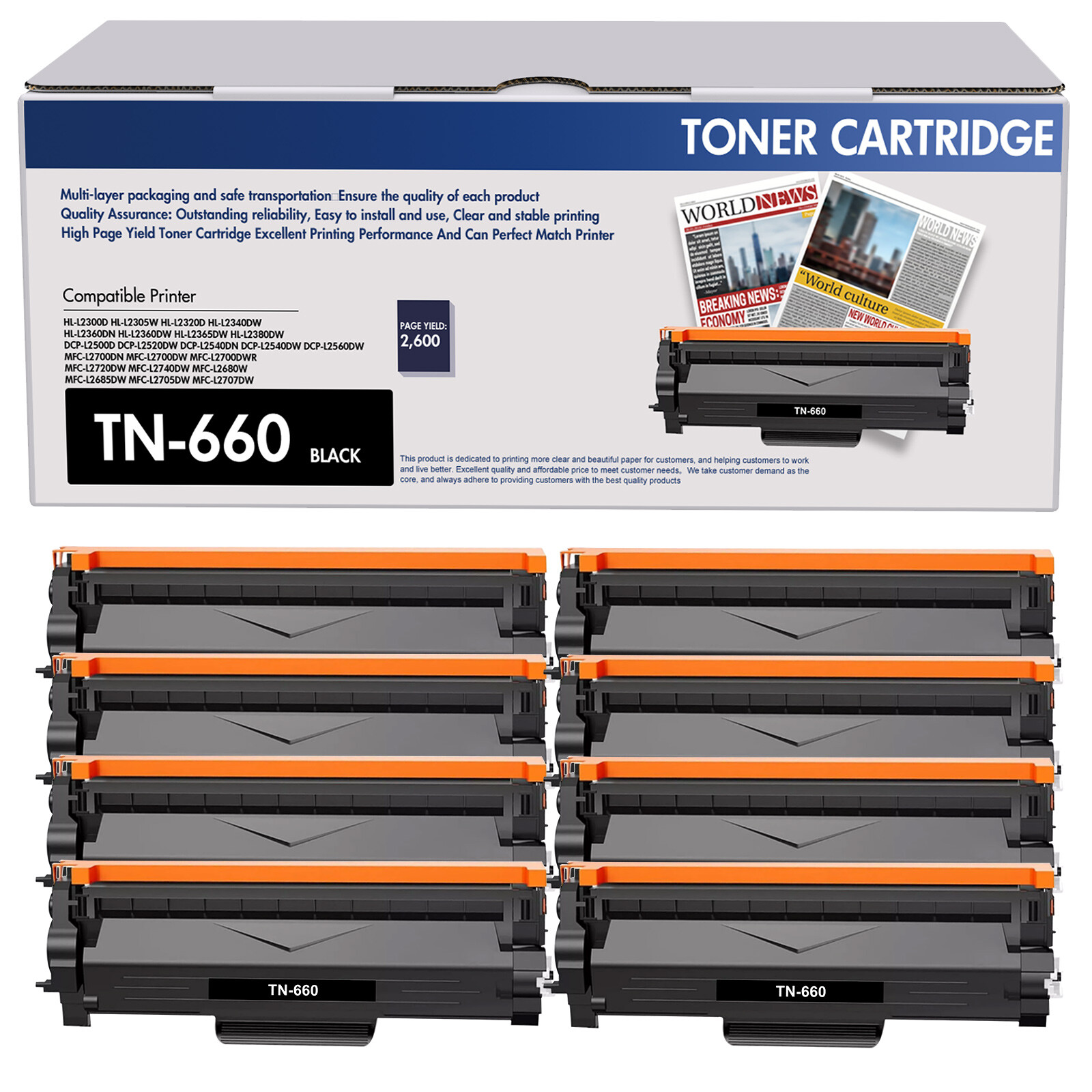 8x TN660 TN630 Toner Compatible With Brother MFC-L2680W DCP-L2540DW HL-L2340DW