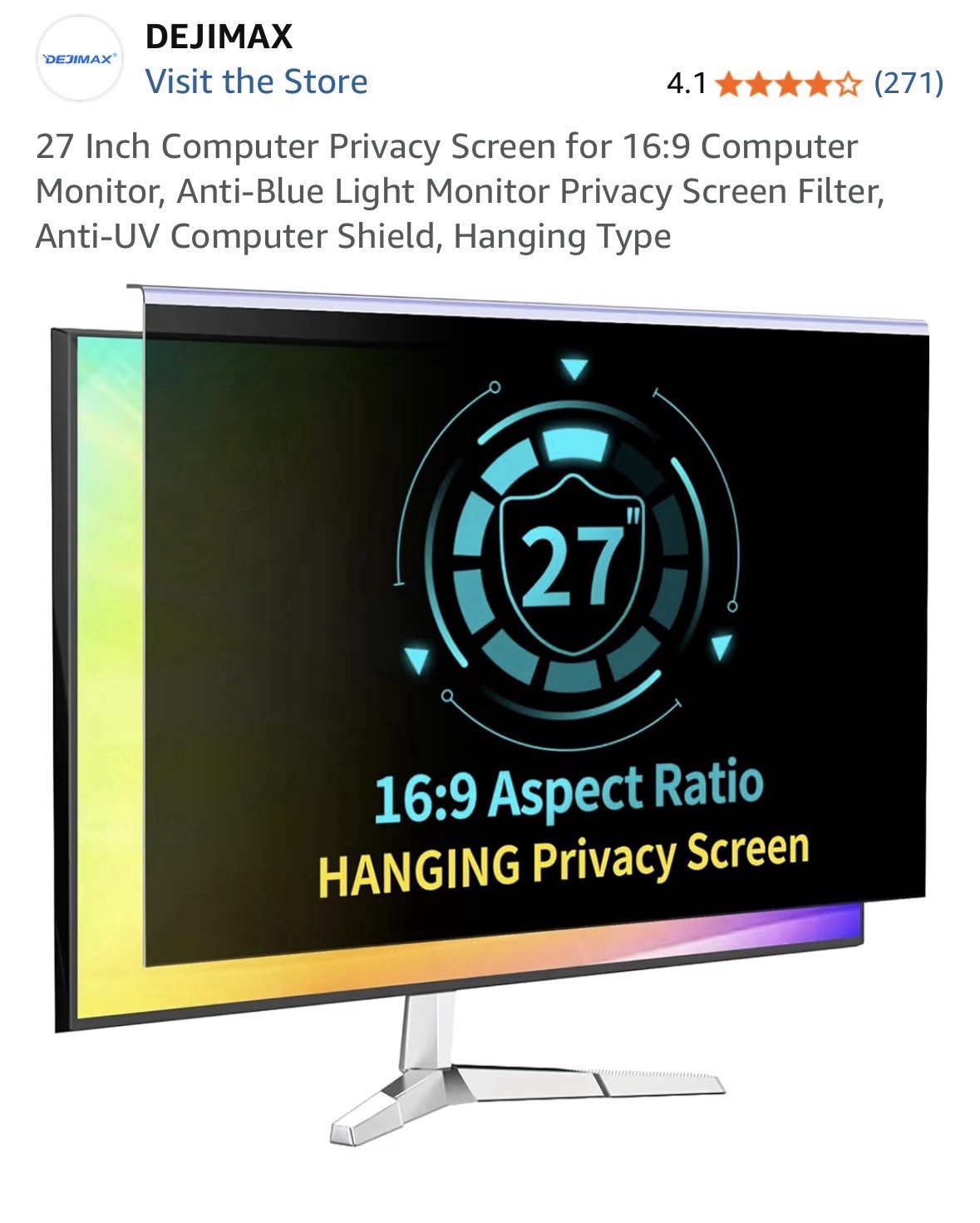 DEJIMAX 27 in 16:9 Hanging Monitor Privacy Screen Anti-Blue Light Anti-UV