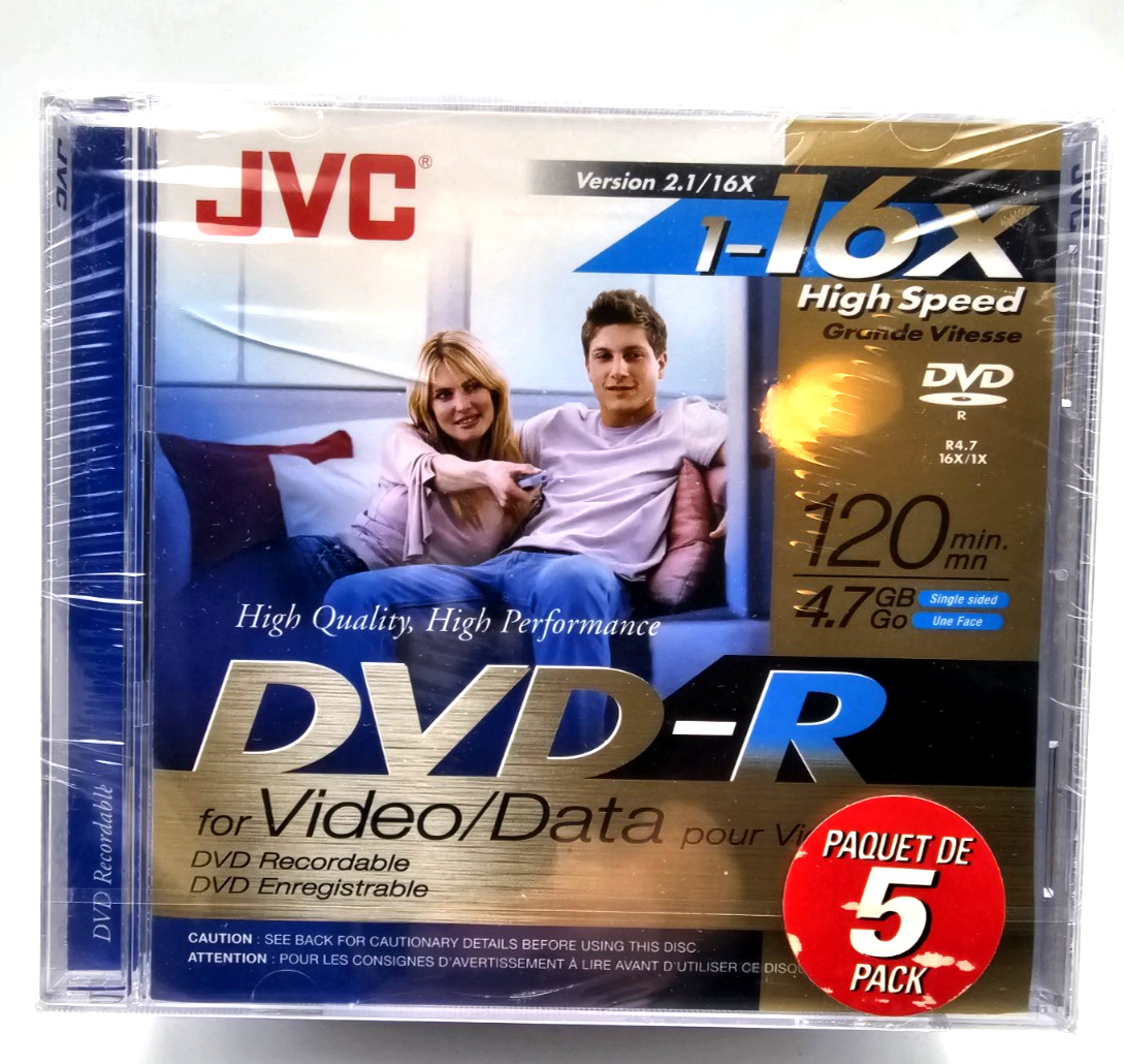 JVC 5-Pack 16x high speed DVD-R recordable DVD's 120 min, 4.7 GB factory sealed 