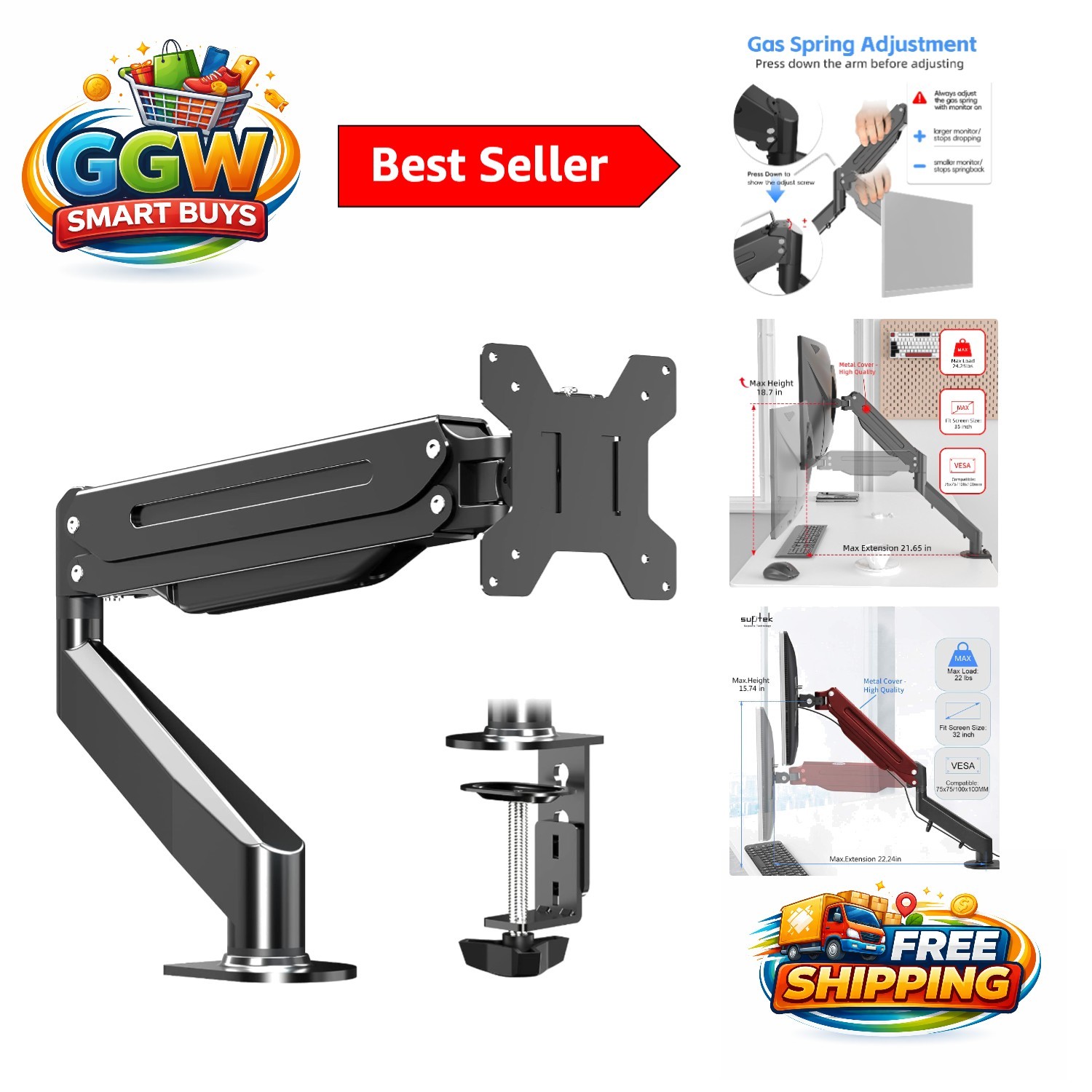 Ergonomic Adjustable Monitor Arm - Fits 17-35 Inch Screens, 24.25 lbs Capacity