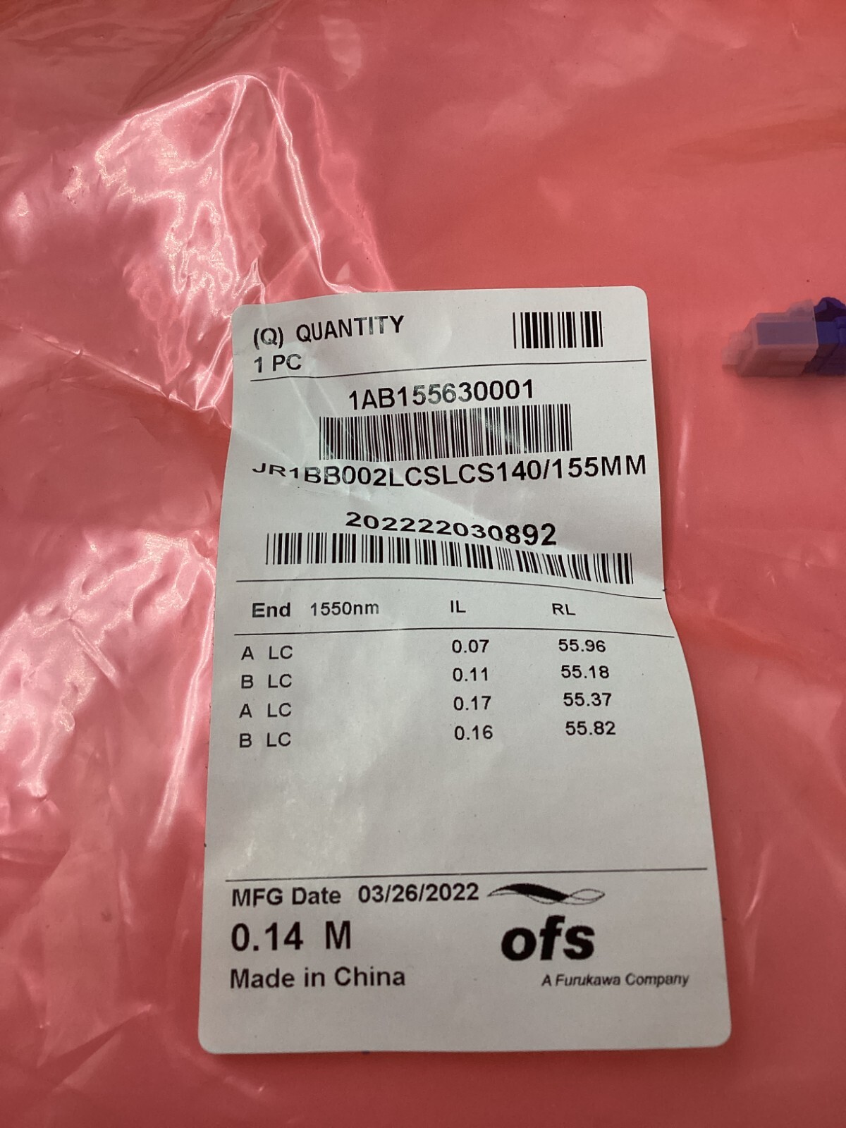 QTY 2 OFS JUMPER, LC DUPLEX, 140MM Cable FOR EXTERNAL OSC 1AB155630001