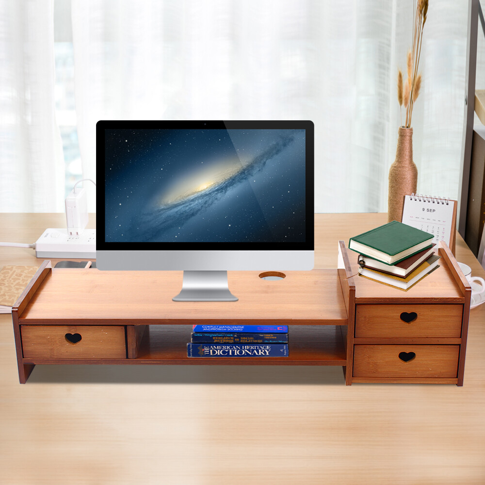 Bamboo Monitor Stand Riser with 3 Drawers & Storage Slots
