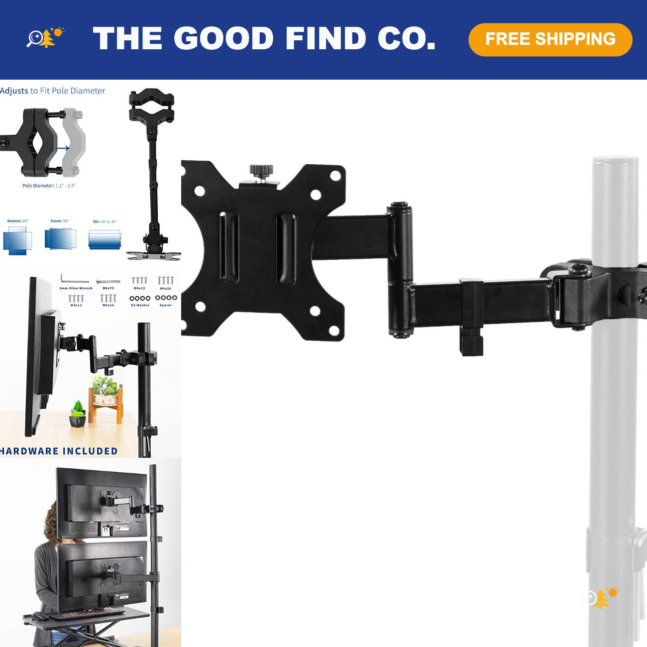 Adjustable Black Pole Mount Monitor Arm for 17-32" Screens, Ergonomic Desk Stand