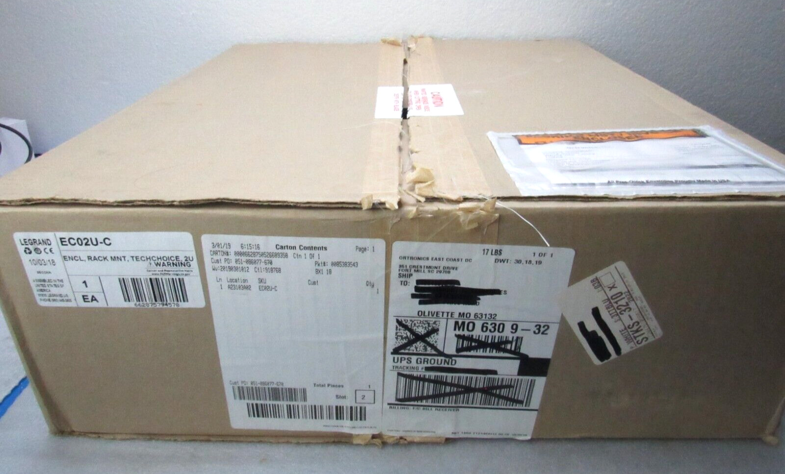 Legrand Techchoice EC02U-C 2 Rack Unit Splice Tray [CTSL]