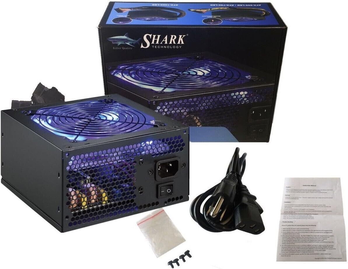 SHARK 1000W 80Plus Gaming PC ATX 12V Dual PCIe Silent 120mm Fan LED Power Supply