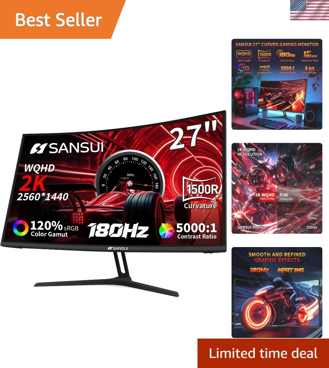 High-Performance 27" Curved Monitor, 2560x1440 Resolution, 180Hz Refresh Rate