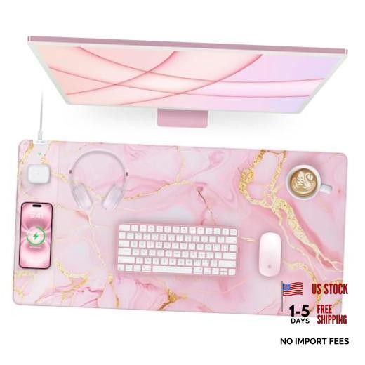 Pink Marble Mouse Pad with 15W Wireless Charging, Pink Marble-31.5"x15.8"