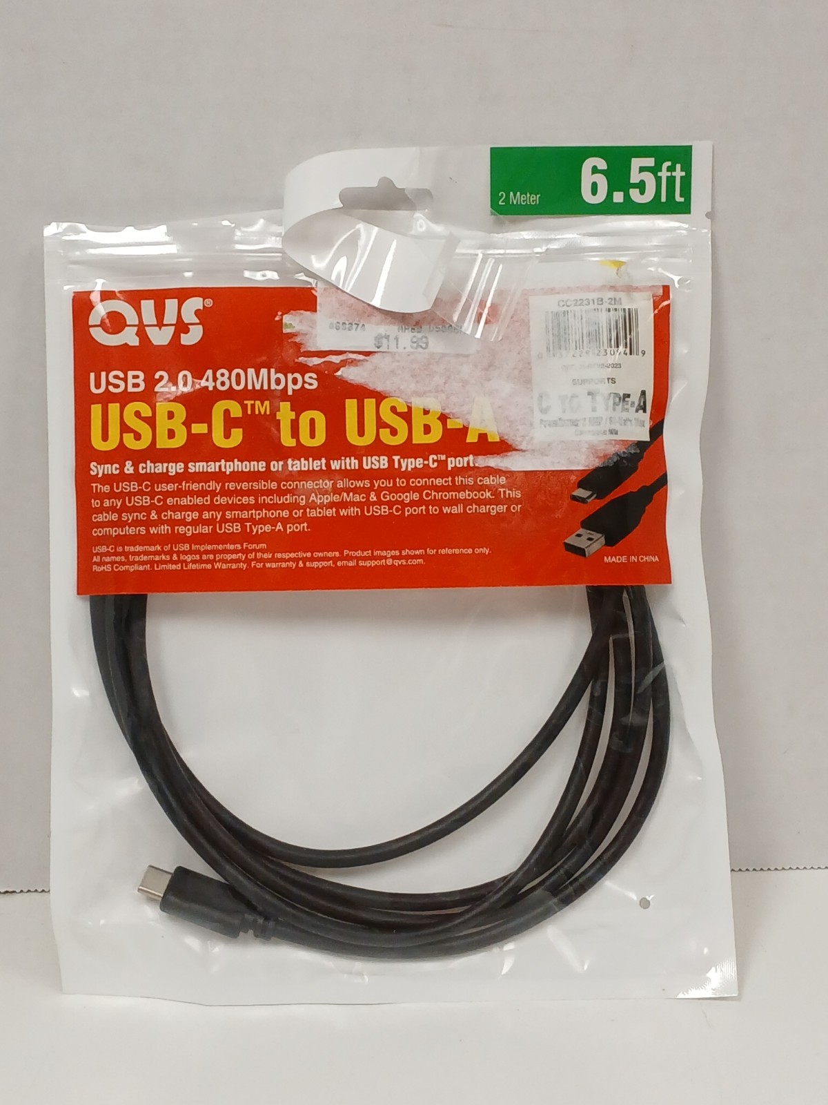 QVS USB-C to USB-A, USB 2.0 480Mbps Data Cable, 6.5ft