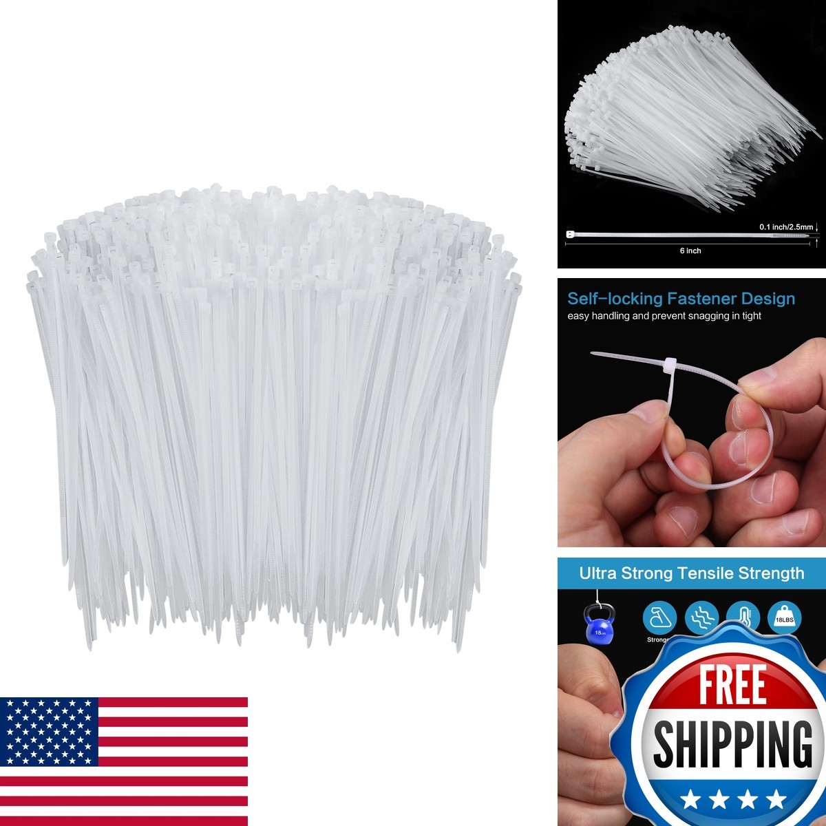 Rienar R21-0705 1000 Pcs White 6 Inch Self-Locking Nylon Cable Ties