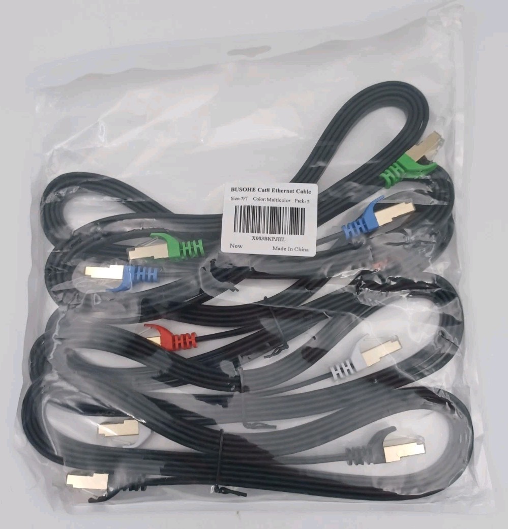 BUSOHE Cat8 Ethernet Cable 5‑Pack – Flat Shielded High‑Speed 40Gbps Patch Cords 