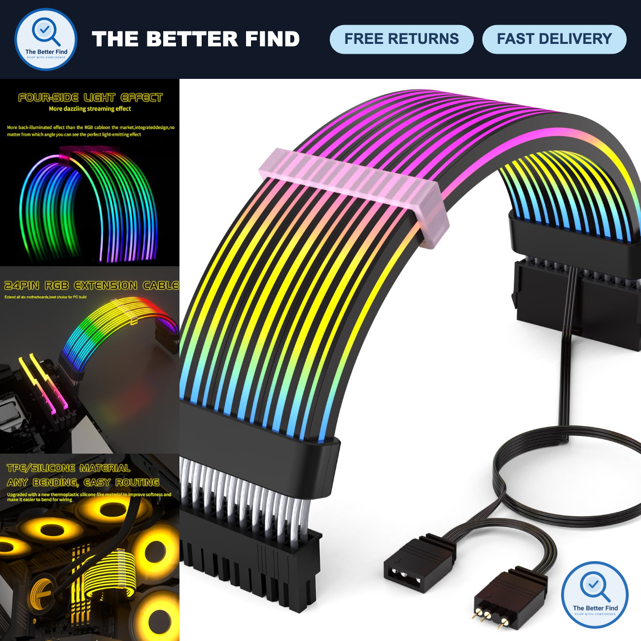 24Pin RGB PSU Cable Extension, 5V 3Pin Motherboard Sync, Black 4-Side Design