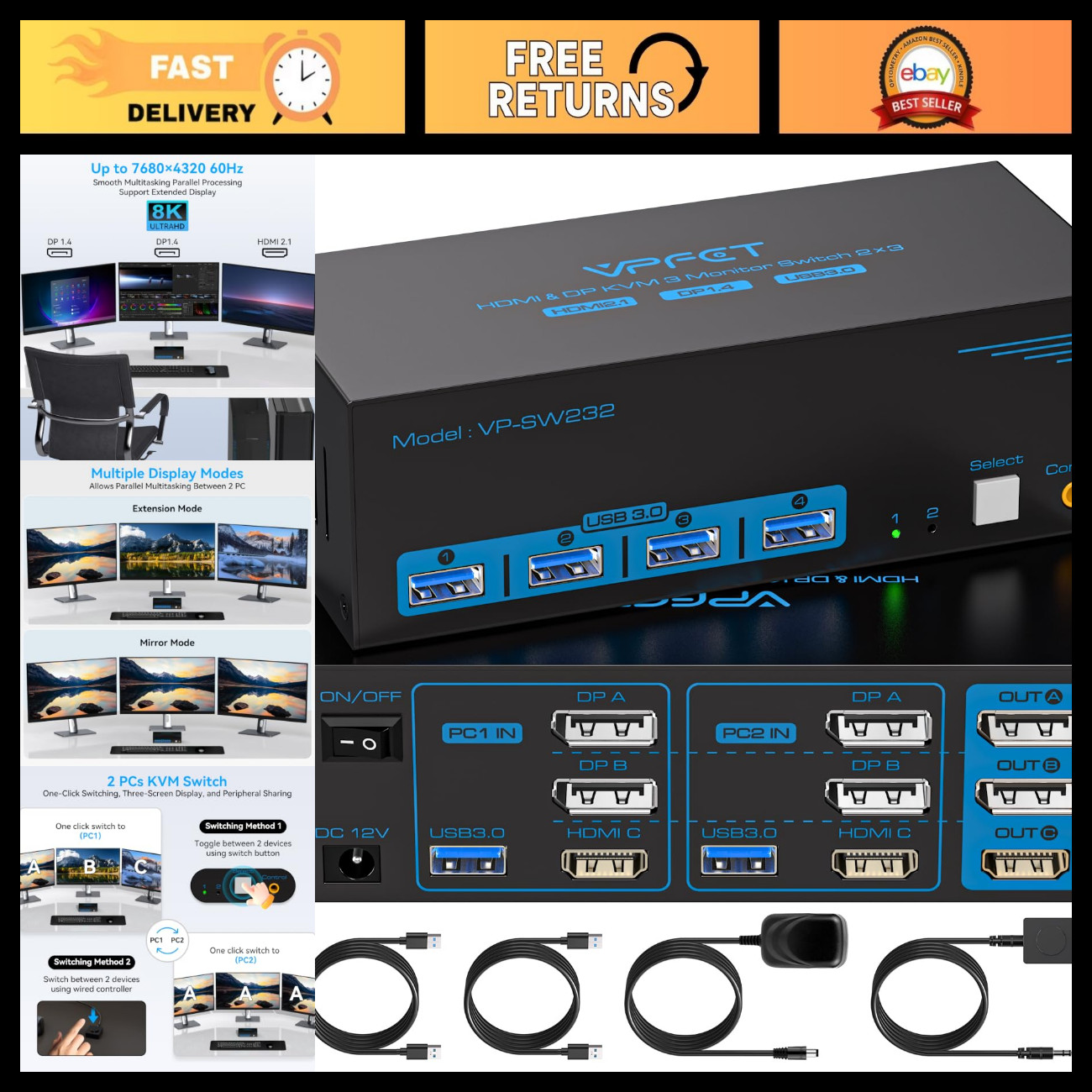 8K HDMI DisplayPort KVM Switch for 3 Monitors & 2 Computers, 60Hz, Multi-Device