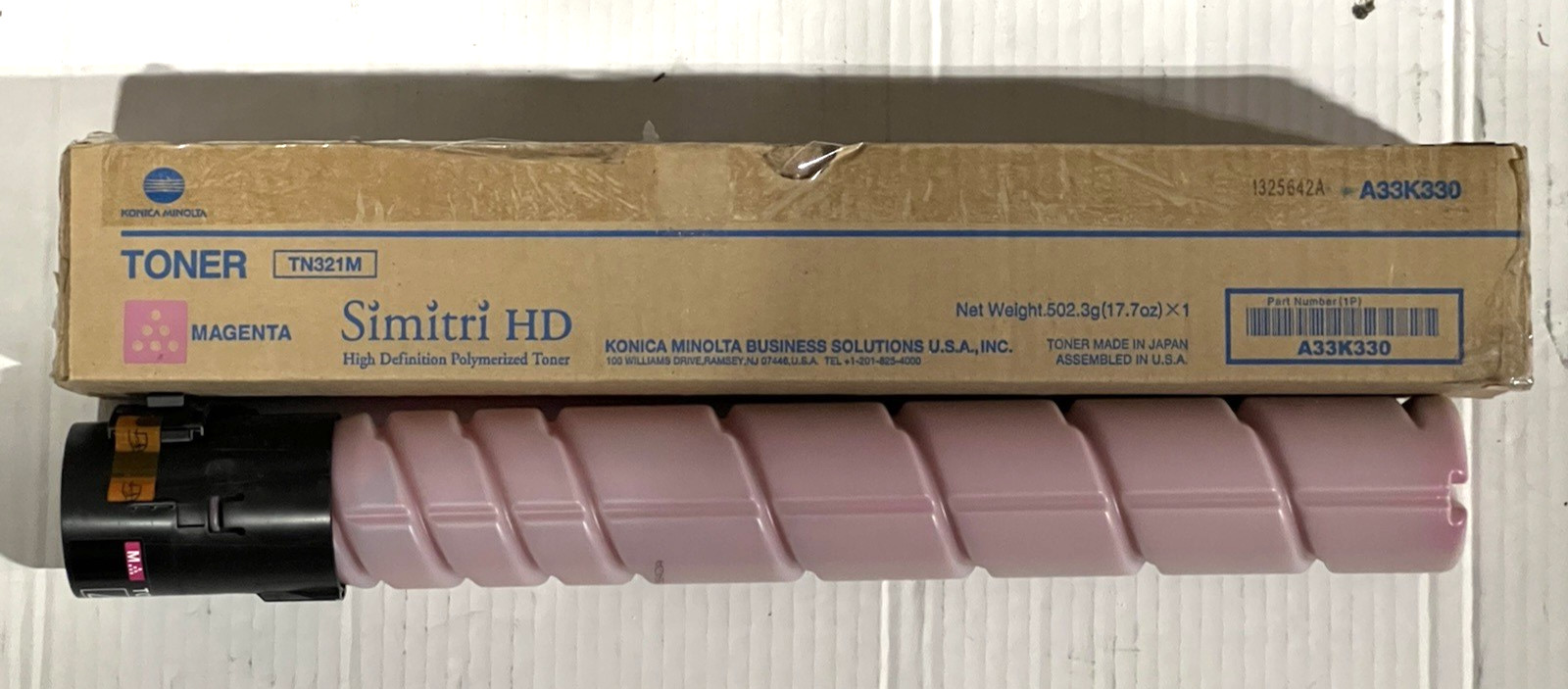 Genuine Konica Minolta TN321M (A33K330)  Magenta Toner Cartridge-Open/Worn Box