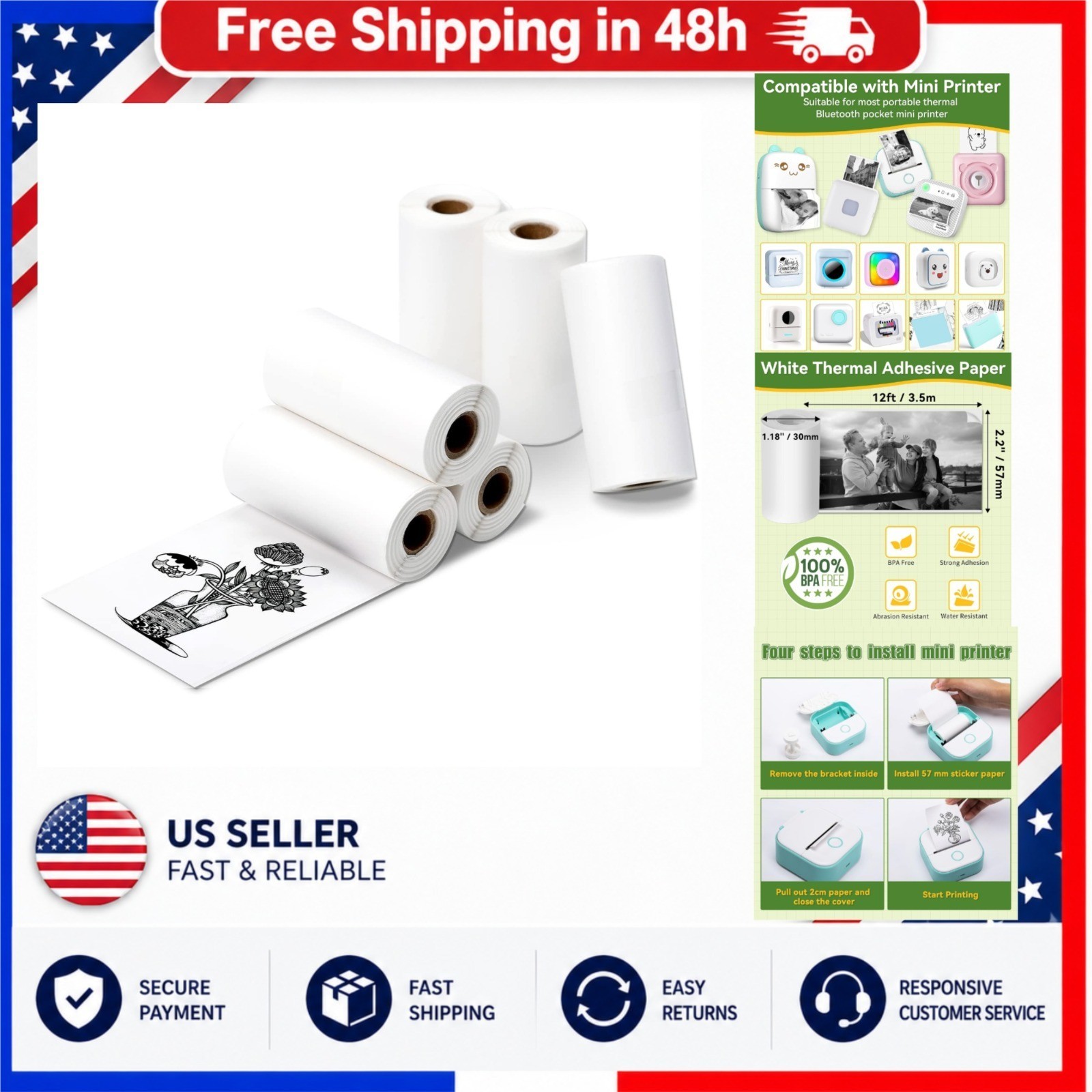 Fimax Mini Thermal Sticker Paper 57x30mm 6 Rolls for PeriPage A6 Vretti TP6S