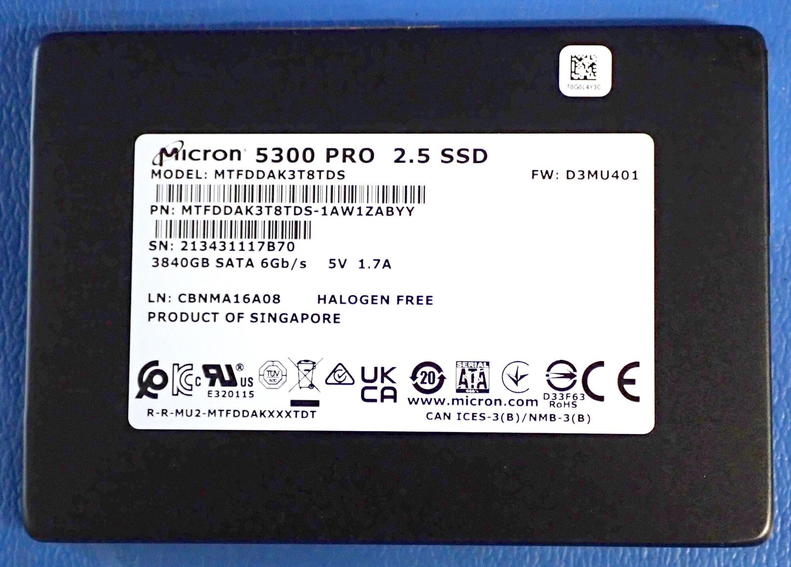 MICRON MTFDDAK3T8TDS 3.84TB 2.5" SATA III SSD | 20k-30k Hours, 90-95% Health