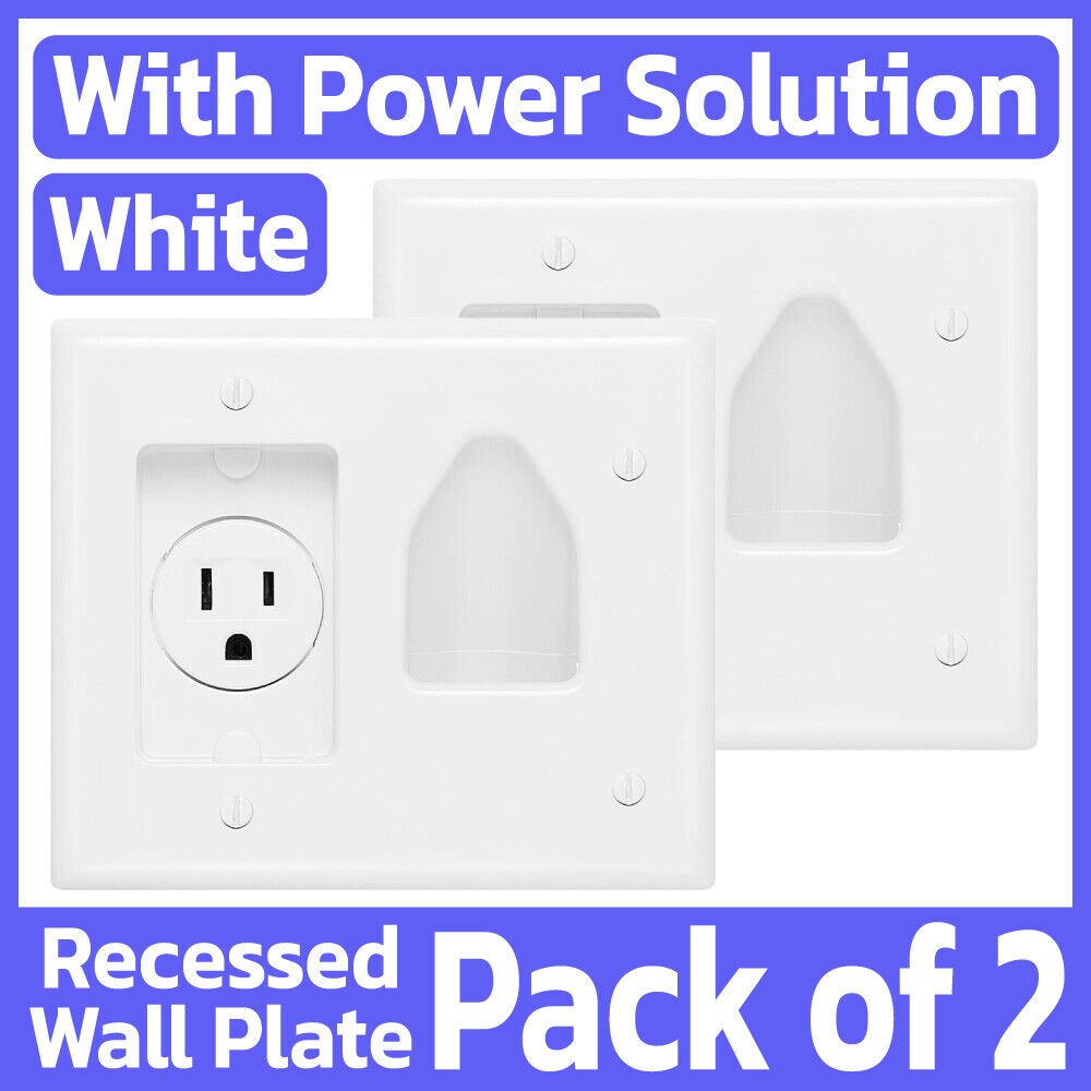 2 Pack Recessed Cable Wall Plate with Power Outlet 2-Gang Low-Voltage Wallplate