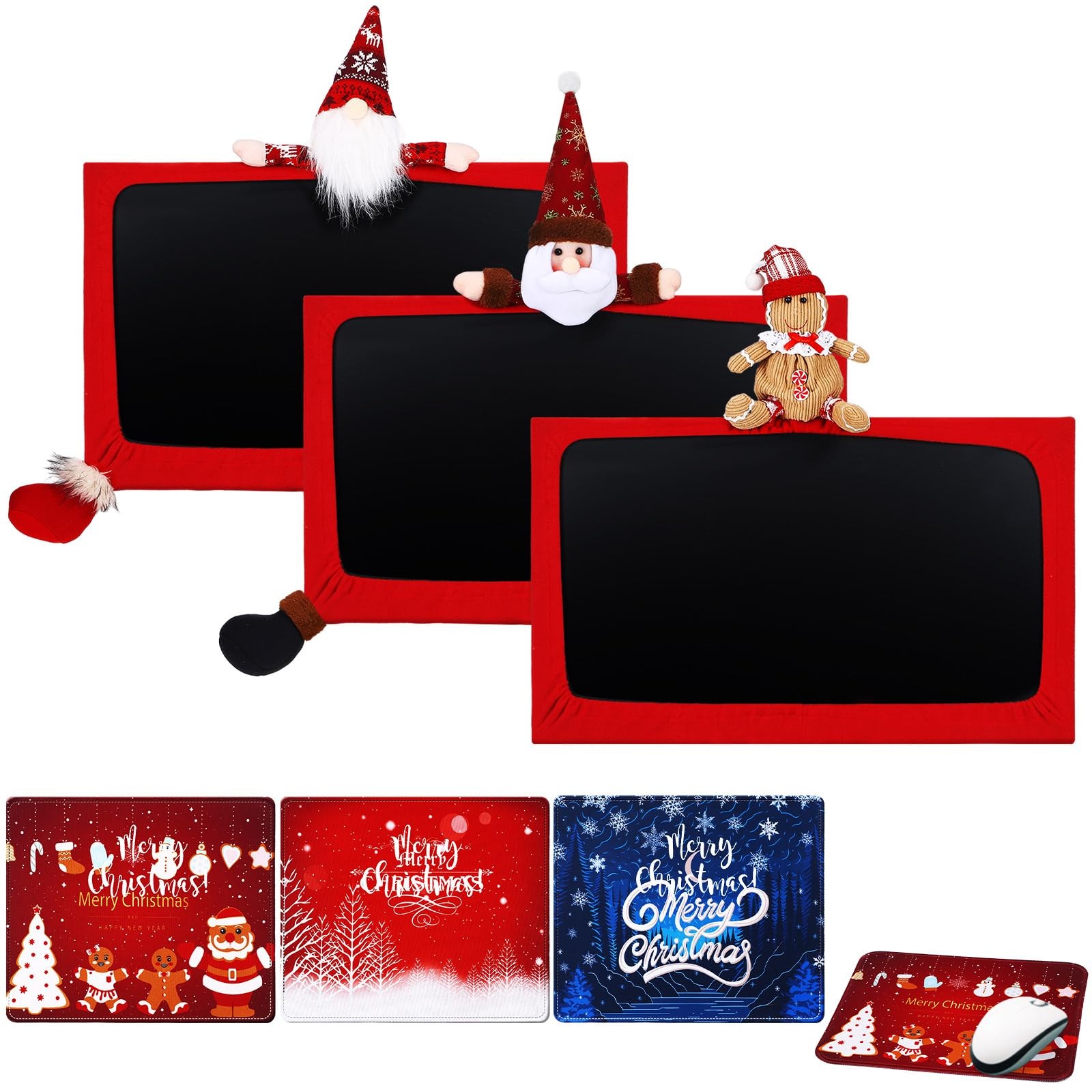 3 Pcs Christmas Computer Monitor Cover and 3 Pcs Pad, Christmas Office Desk S...