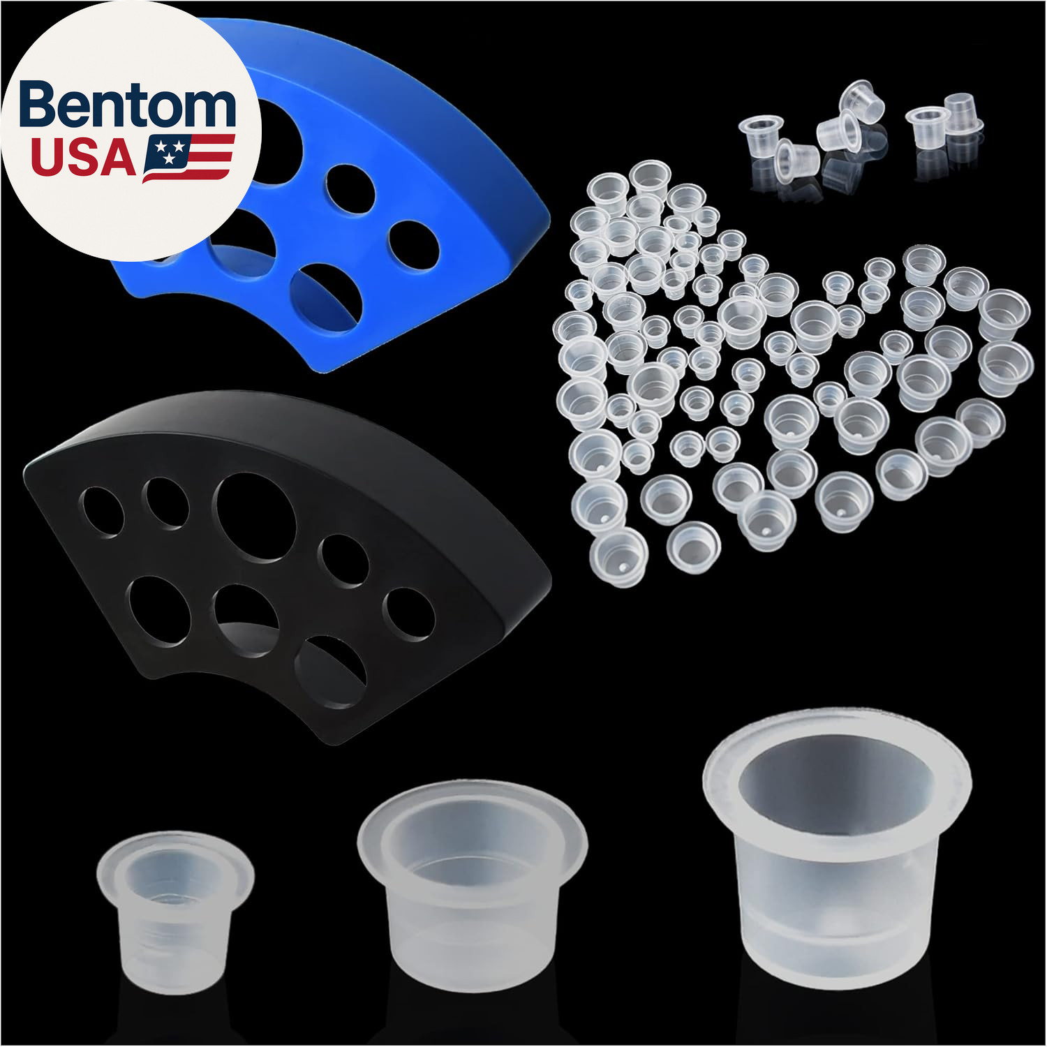 302PCS Tatoo Ink Caps with 300 Tatoo Ink Cups Mixed Size and 2 Ink Cap Holder fo