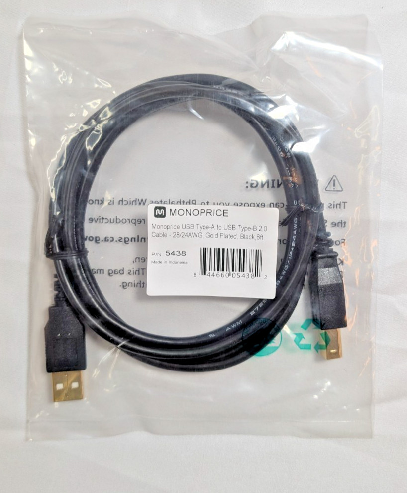Monoprice 6ft USB 2.0 USB A to USB B Male Cable 5438 28/24AWG Gold Plated