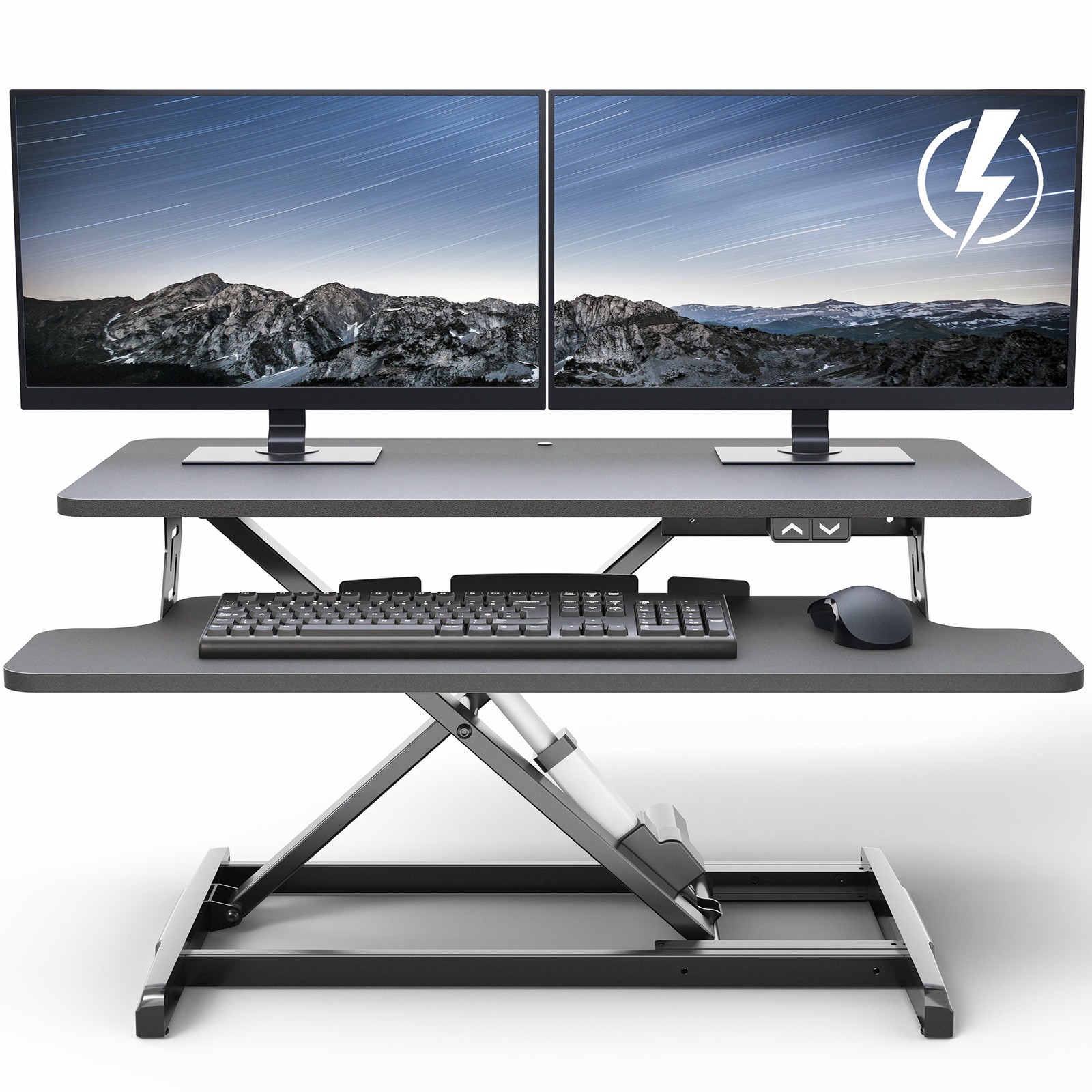 VIVO Black Electric 32" Standing Desk Monitor Riser, Dual Arm Sit Stand Tabletop