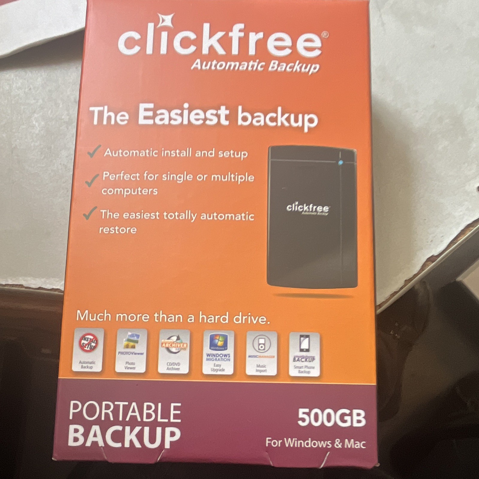 Clickfree Automatic Backup 500GB USB Portable External HDD for PC & Mac