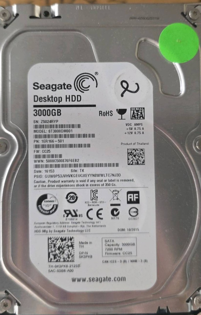 Seagate Barracuda 3TB,Internal,7200 RPM,3.5 inch (ST3000DM001) HDD no tray