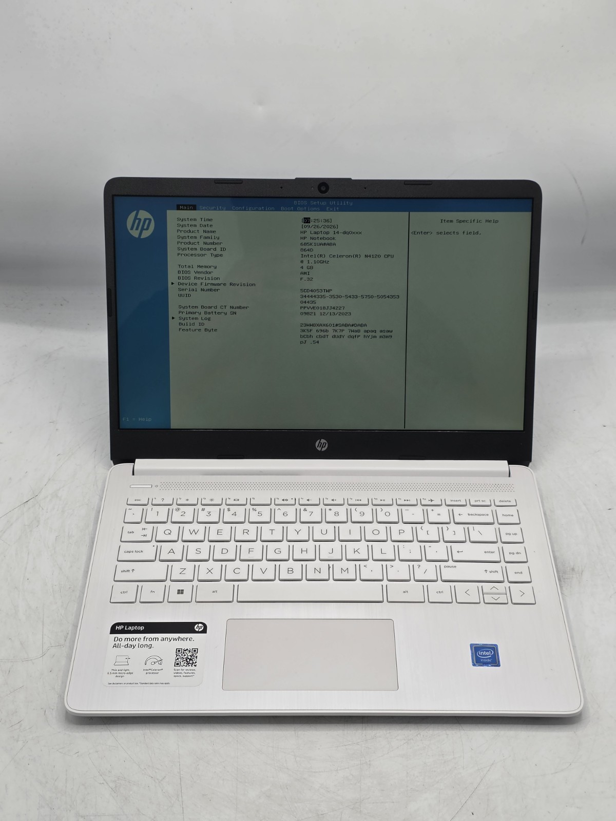 HP Laptop 14-dq0052dx 14" Intel Celeron N4120 4GB RAM 64GB eMMC NO OS 