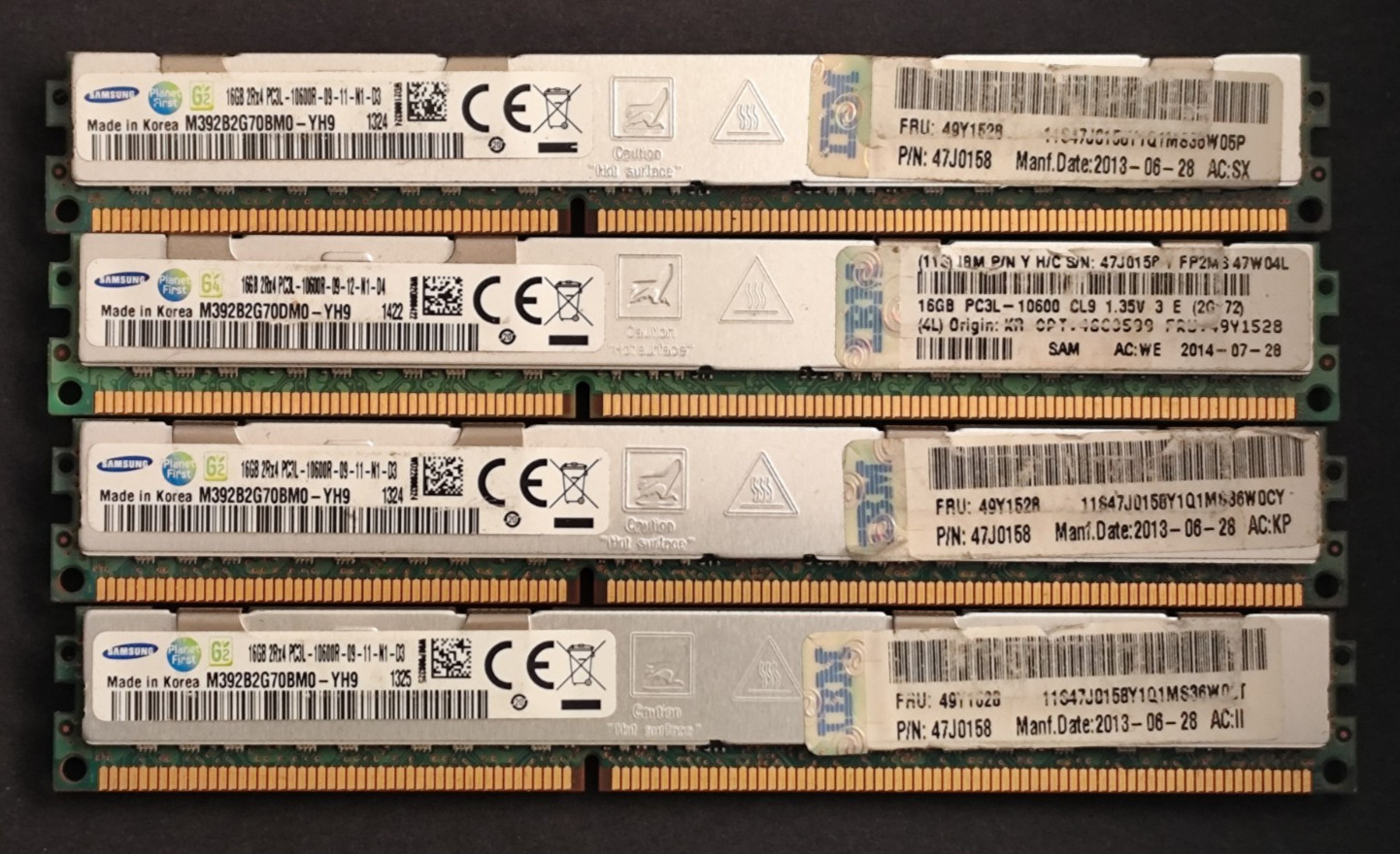 64GB (4 x 16GB) Samsung DDR3-1333 RDIMM PC3L-10600R ECC M392B2G70BM0-YH9