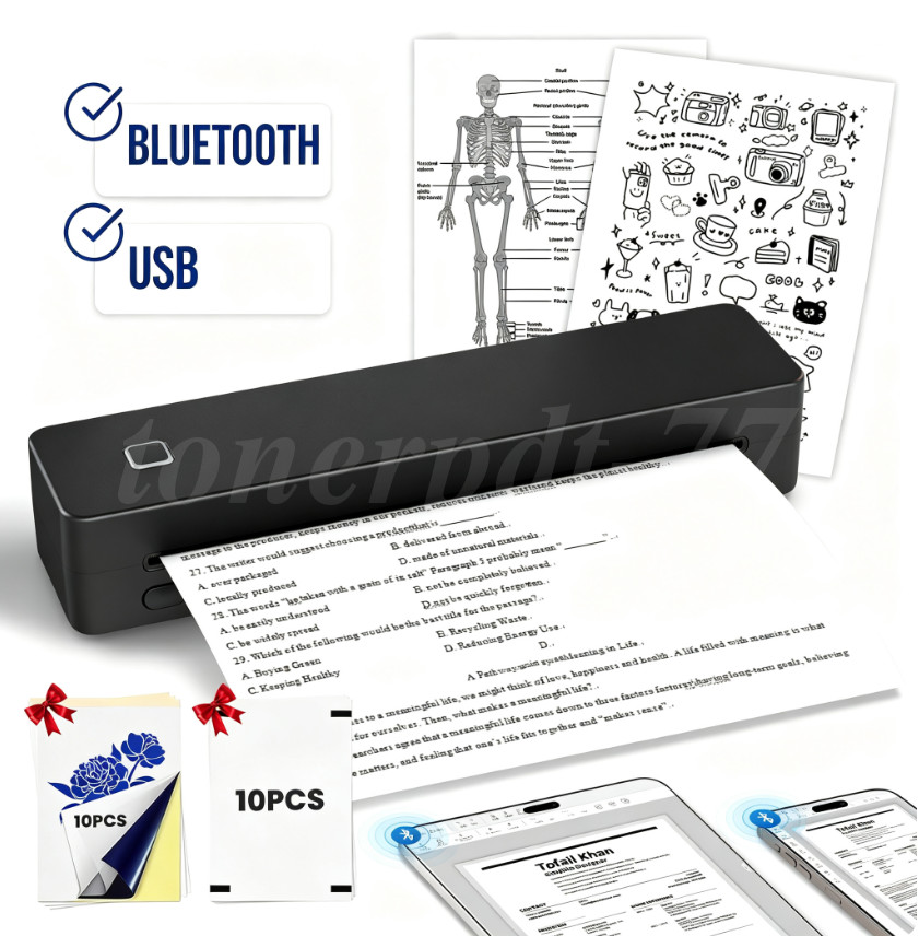 Wireless Bluetooth Printer Portable Printer for Travel Android iOS, Black