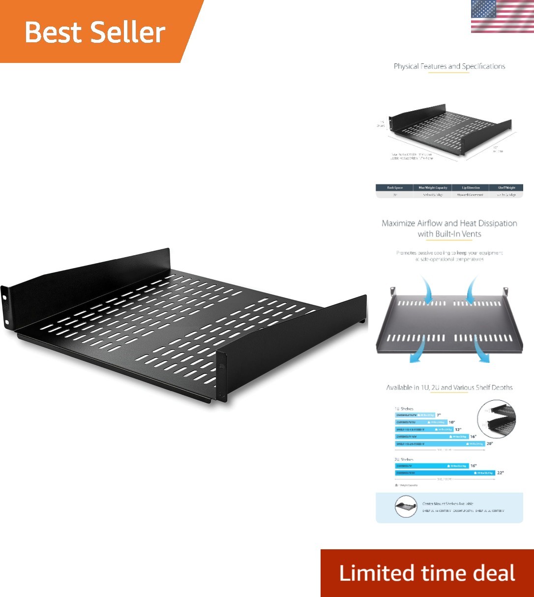 Versatile 2U Server Shelf - 16-inch Heavy Duty Steel Rack with Airflow Design