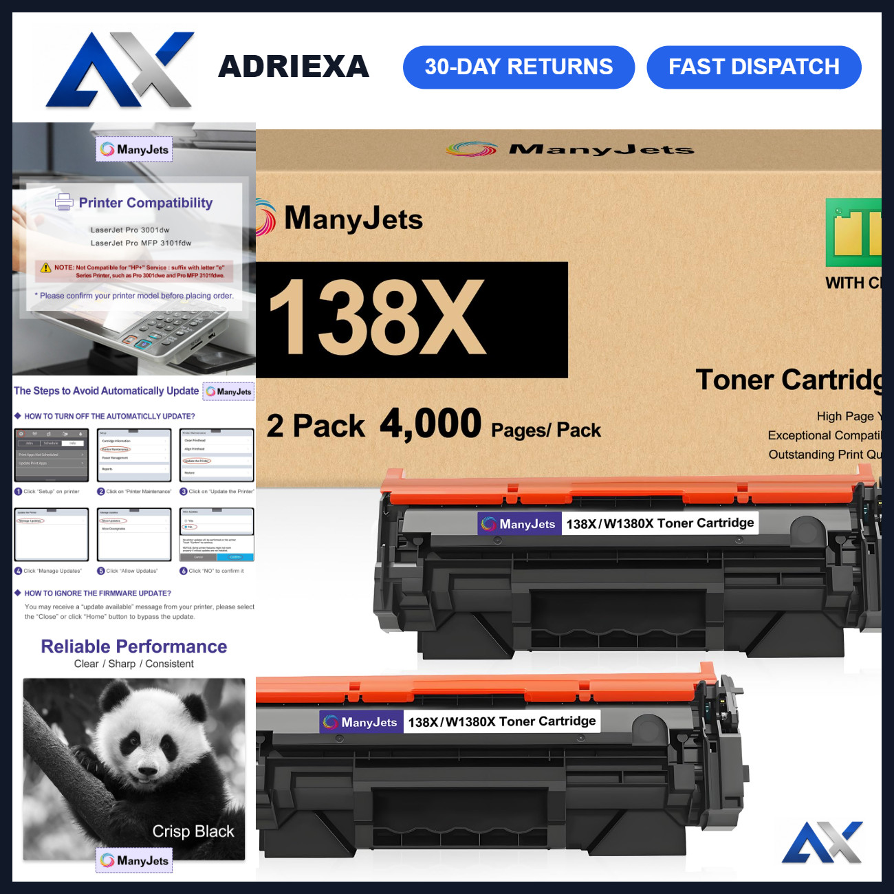 2 Pack Compatible Black Toner Cartridge 138X W1380X with Chip - High Yield Print