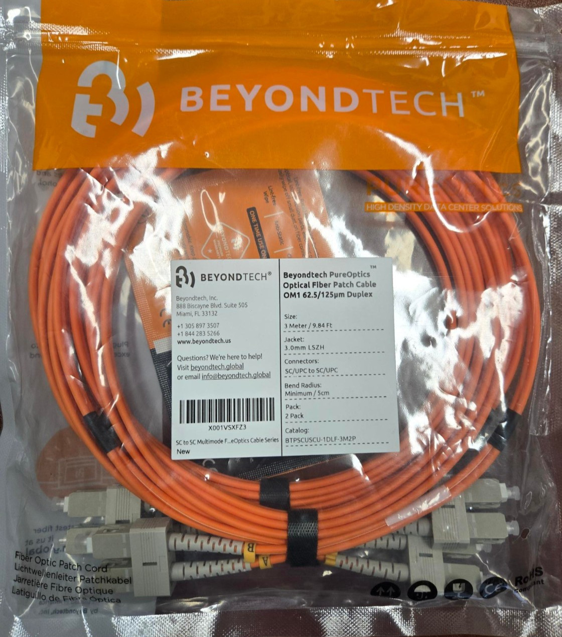 SC to SC Multimode Duplex 50/125 Fiber Optic Jumper Patch 3m (9.84ft) 2-Pack
