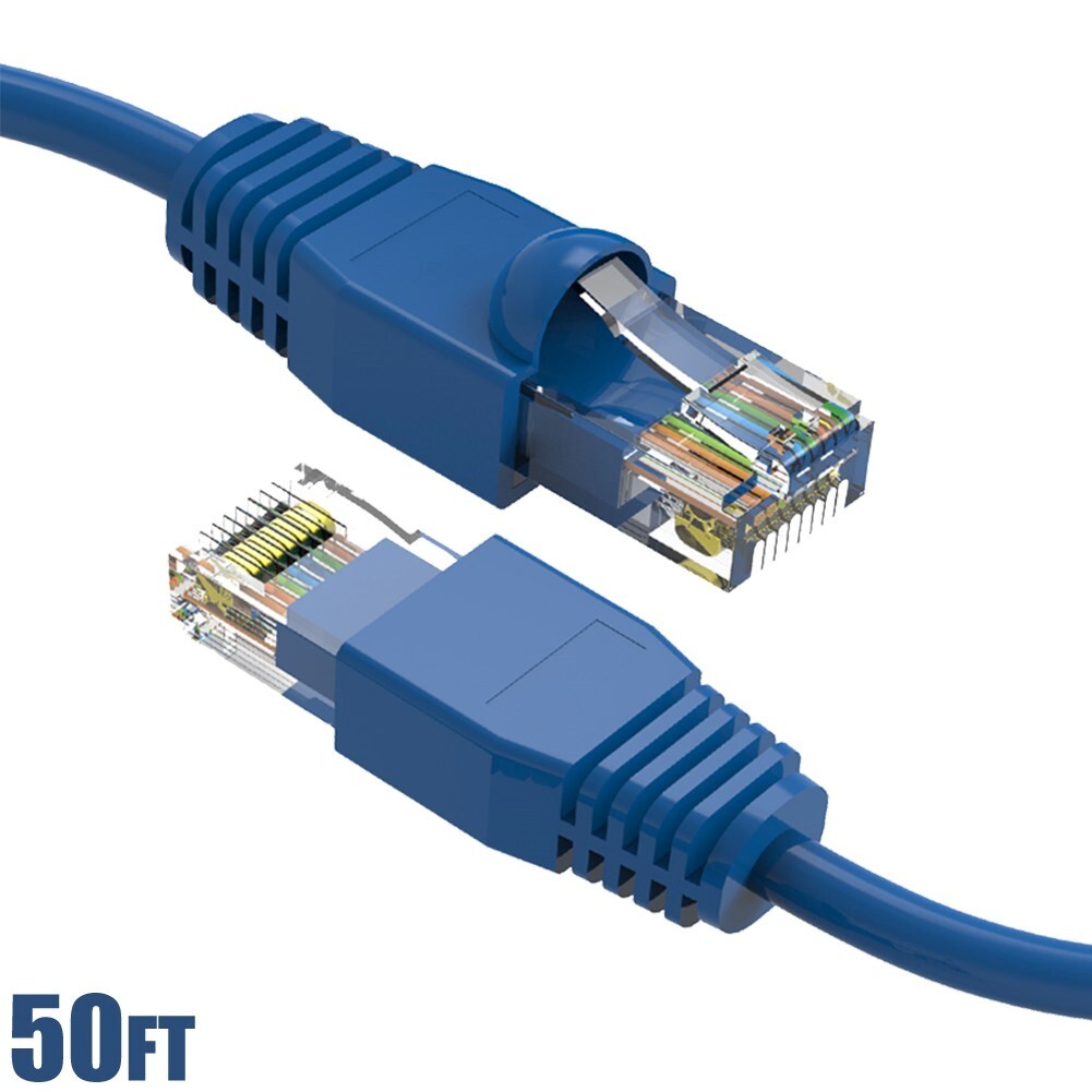 50FT Cat6A RJ45 Ethernet LAN Network UTP Patch Cable Cord Copper Gold 24AWG Blue
