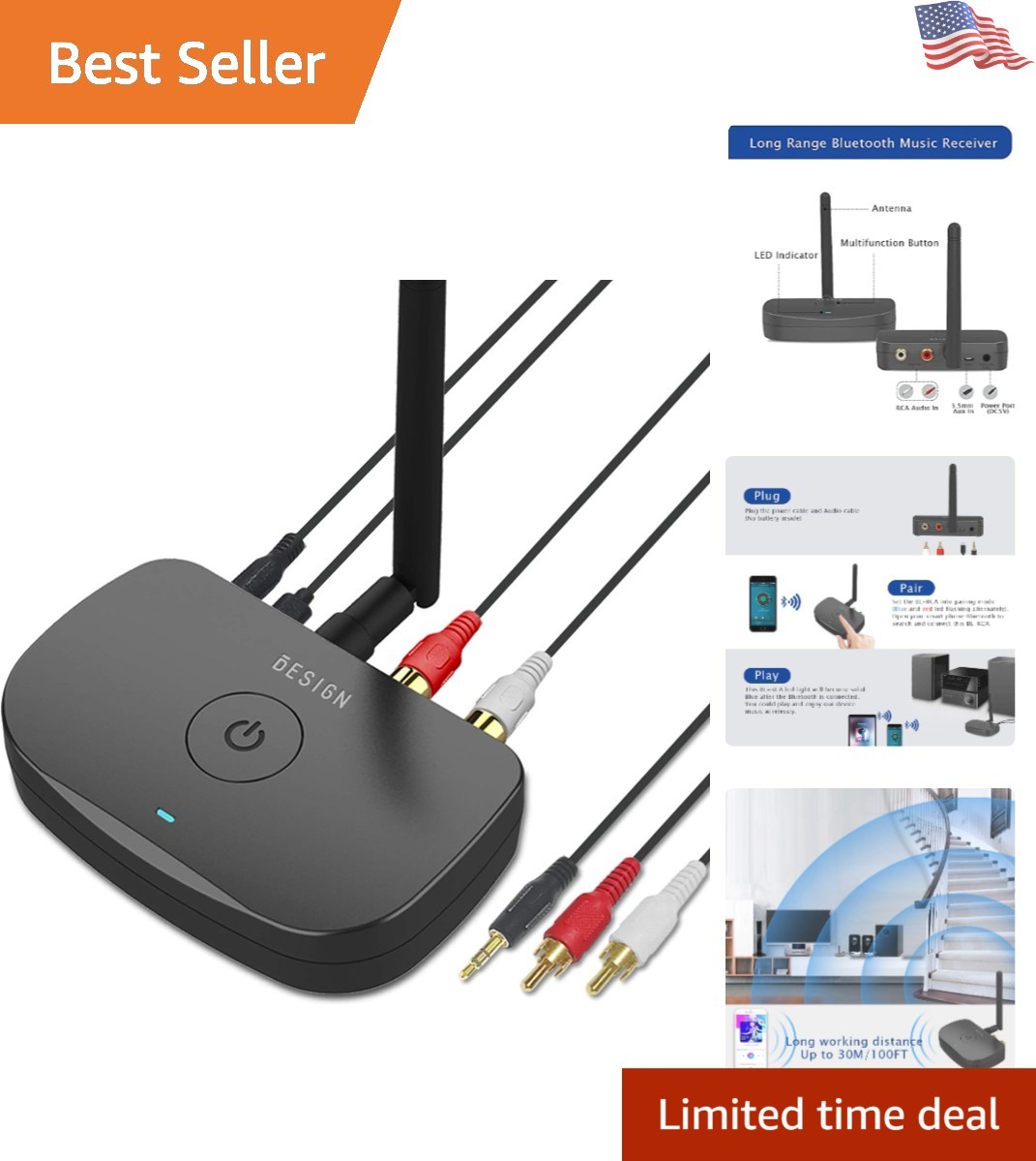 Long Range Bluetooth 5.0 Receiver for High-Fidelity Music Streaming - Black