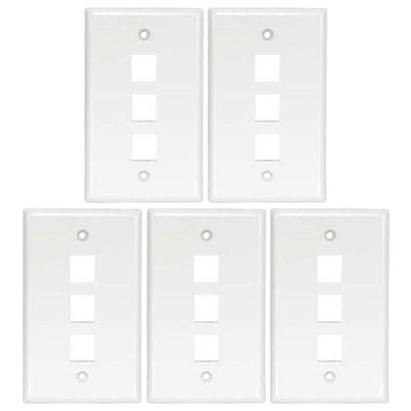 5 Pcs 3-Port Hole 1 Gang Wall Plate Keystone Jack Network Faceplate Smooth White