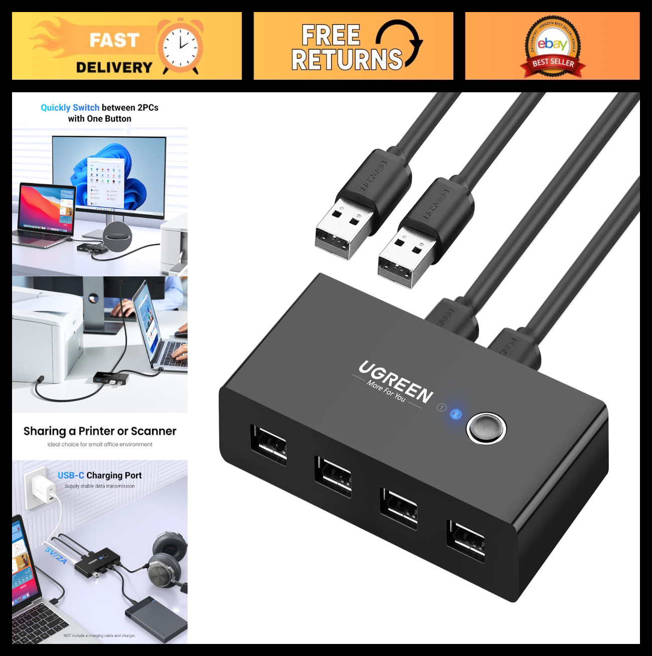 USB Switch Selector for 2 Computers, Share 4 USB Devices, 2.0 Hub with One-Butto